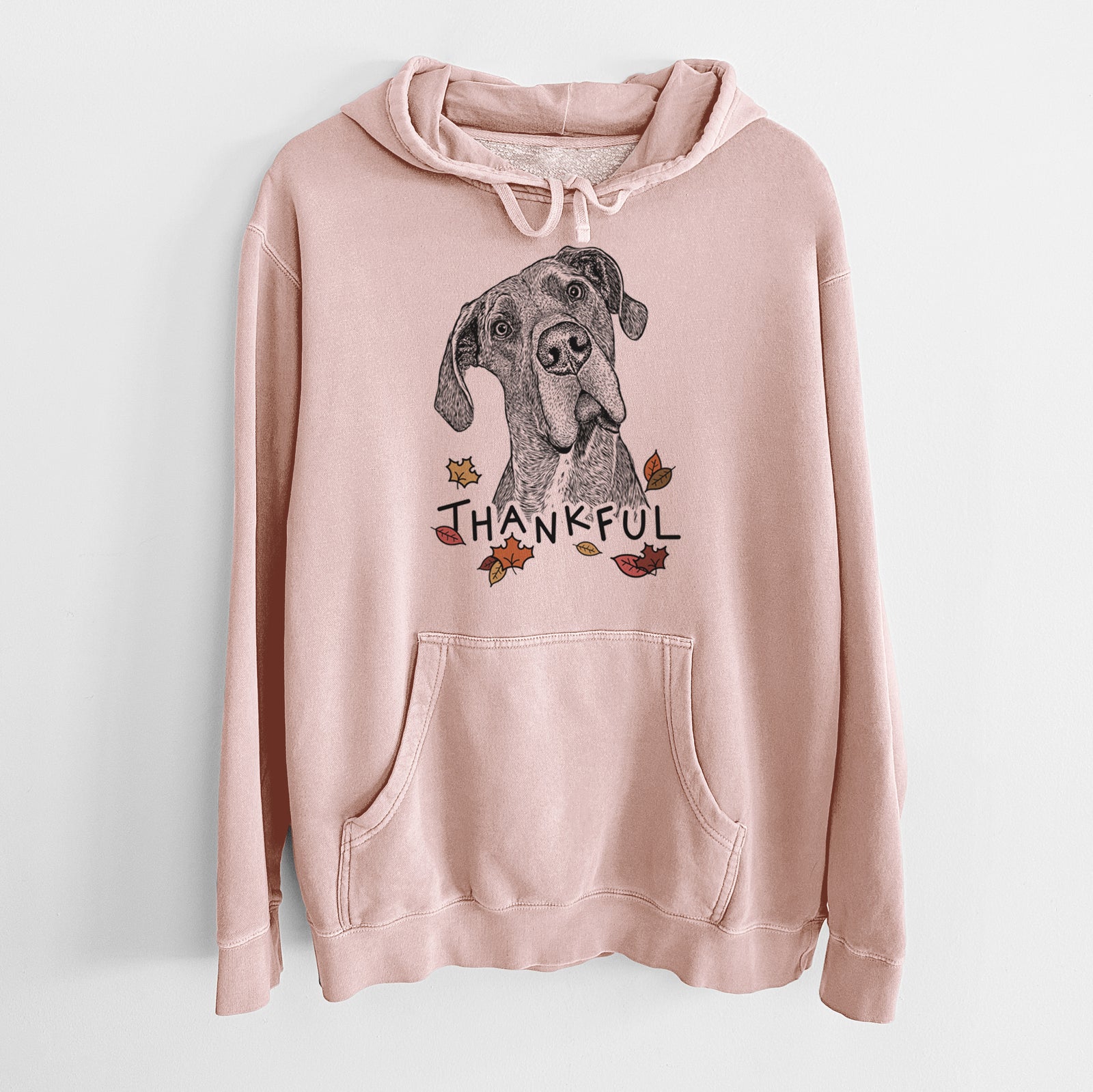Hand-drawn sketch of River the Great Dane with 'Thankful' lettering and autumn leaves on a Dusty Pink Unisex pigment dyed hoodie