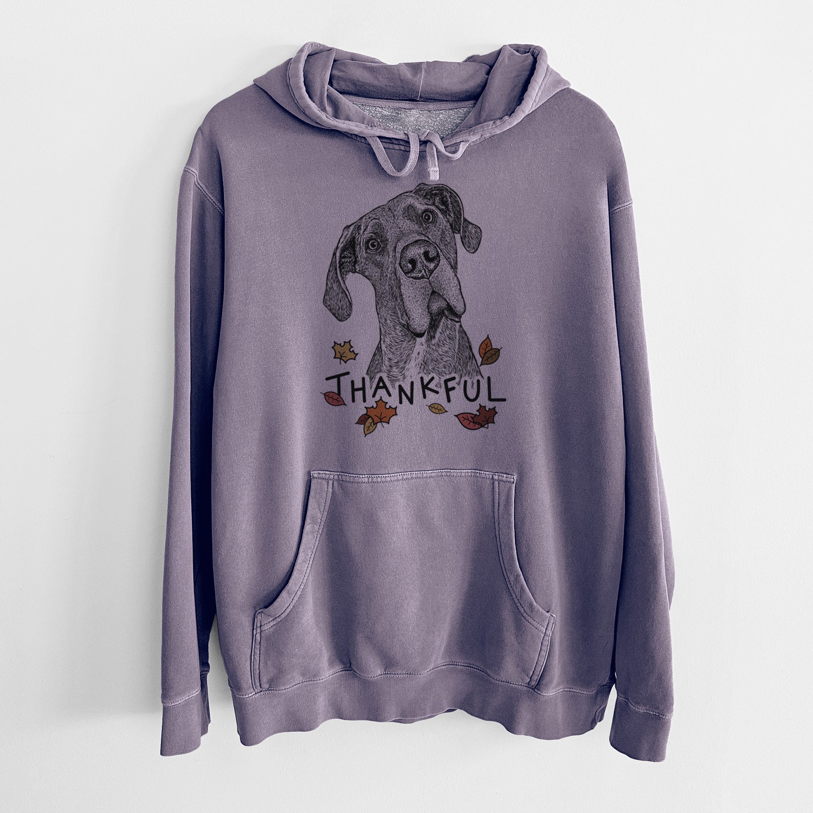 Hand-drawn sketch of River the Great Dane with 'Thankful' lettering and autumn leaves on a Plum Unisex pigment dyed hoodie