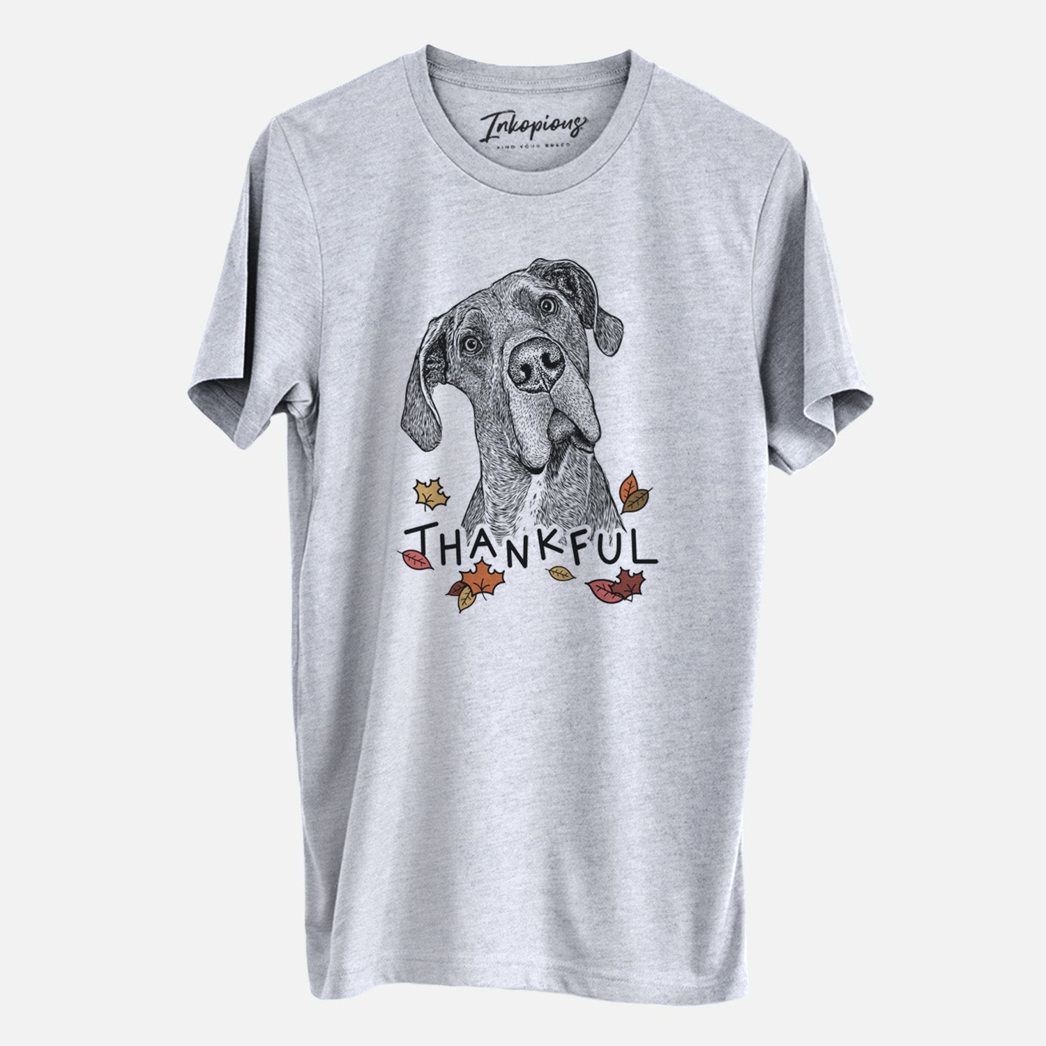 Hand-drawn sketch of River the Great Dane with 'Thankful' lettering and autumn leaves on a Grey Unisex crewneck
