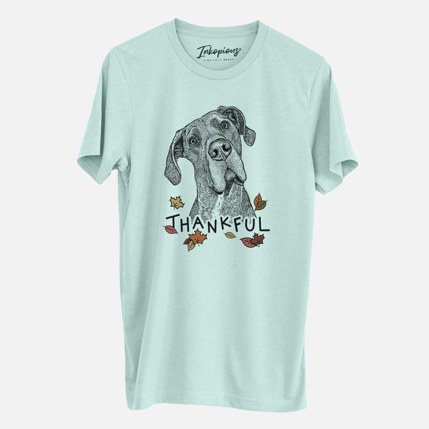Hand-drawn sketch of River the Great Dane with 'Thankful' lettering and autumn leaves on a Heather Sage Unisex crewneck