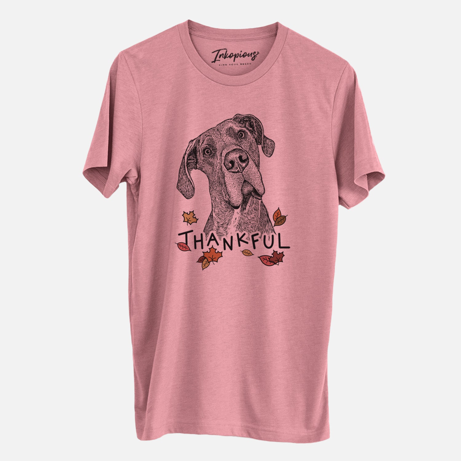 Hand-drawn sketch of River the Great Dane with 'Thankful' lettering and autumn leaves on a Mauve Unisex crewneck