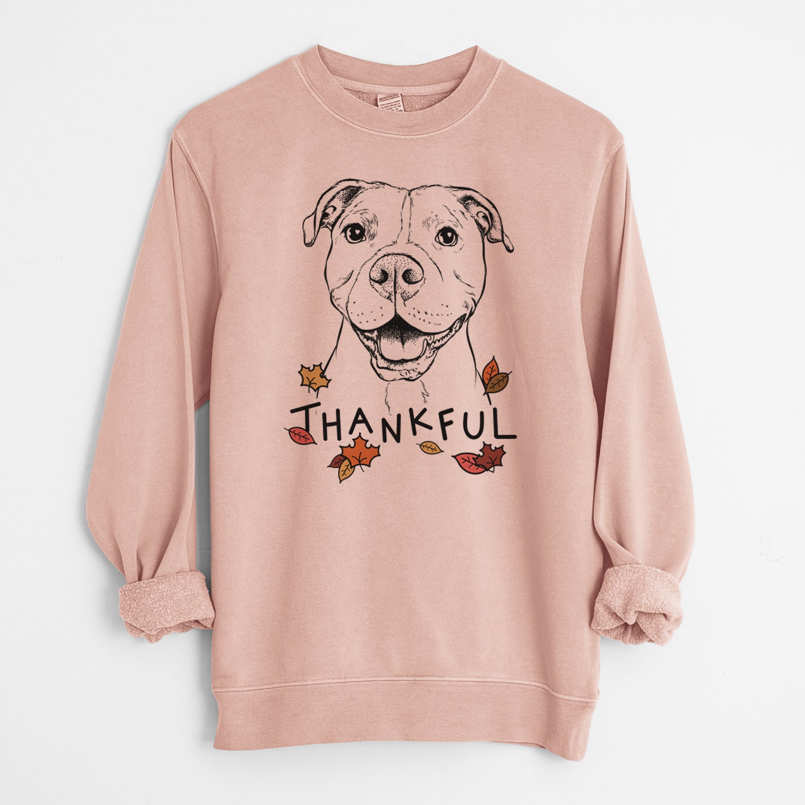 Hand-drawn sketch of Roscoe the Pitbull with 'Thankful' lettering and autumn leaves on a Dusty Pink Unisex pigment dyed crew sweatshirt
