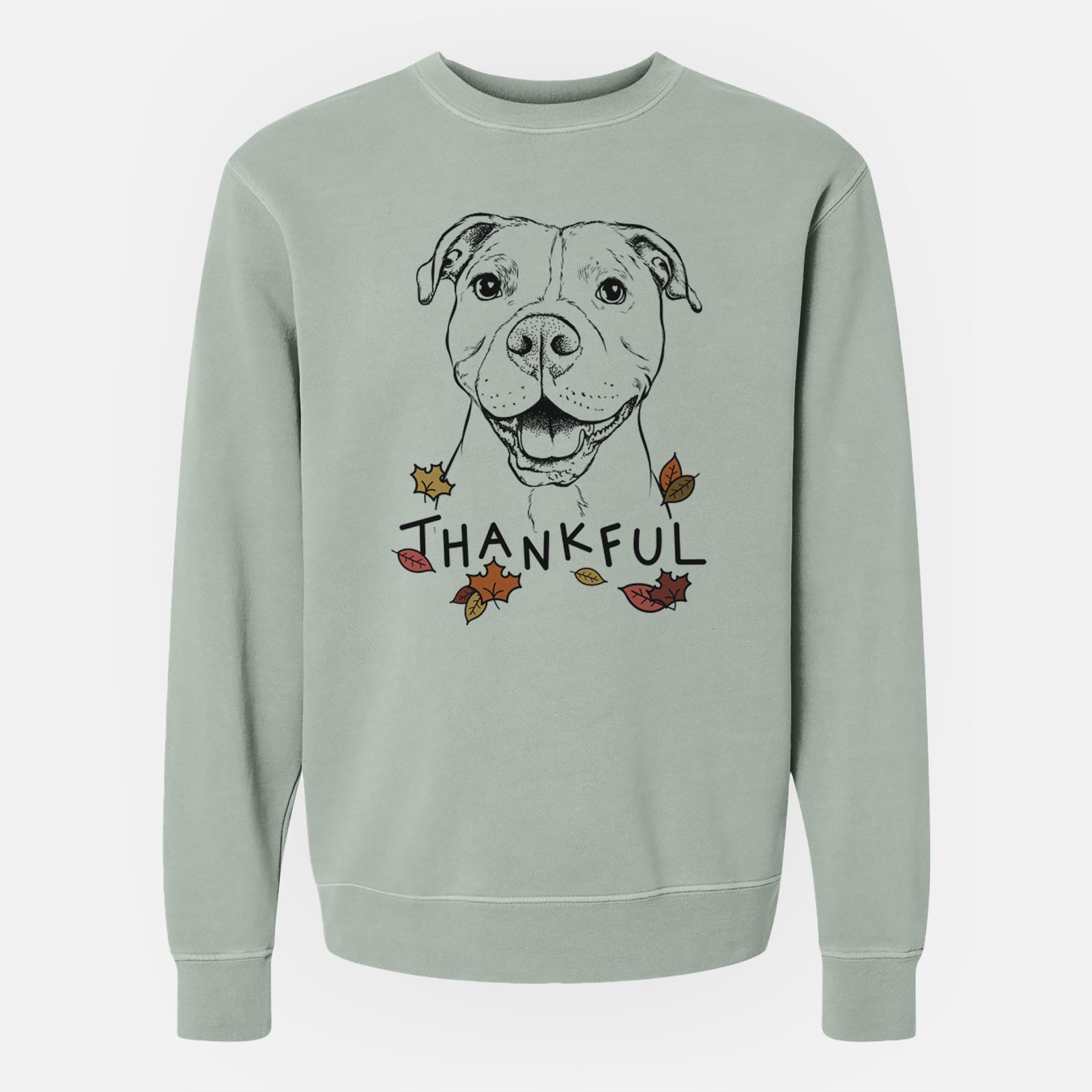 Hand-drawn sketch of Roscoe the Pitbull with 'Thankful' lettering and autumn leaves on a Sage Unisex pigment dyed crew sweatshirt