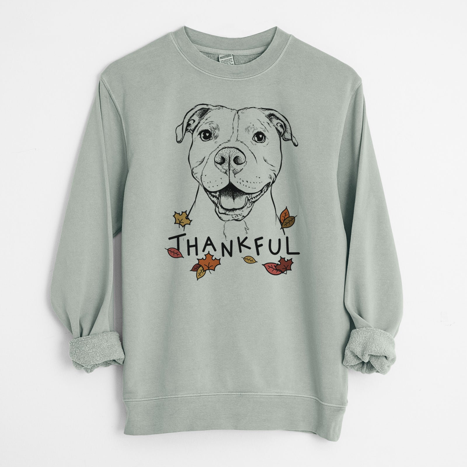 Hand-drawn sketch of Roscoe the Pitbull with 'Thankful' lettering and autumn leaves on a Sage Unisex pigment dyed crew sweatshirt