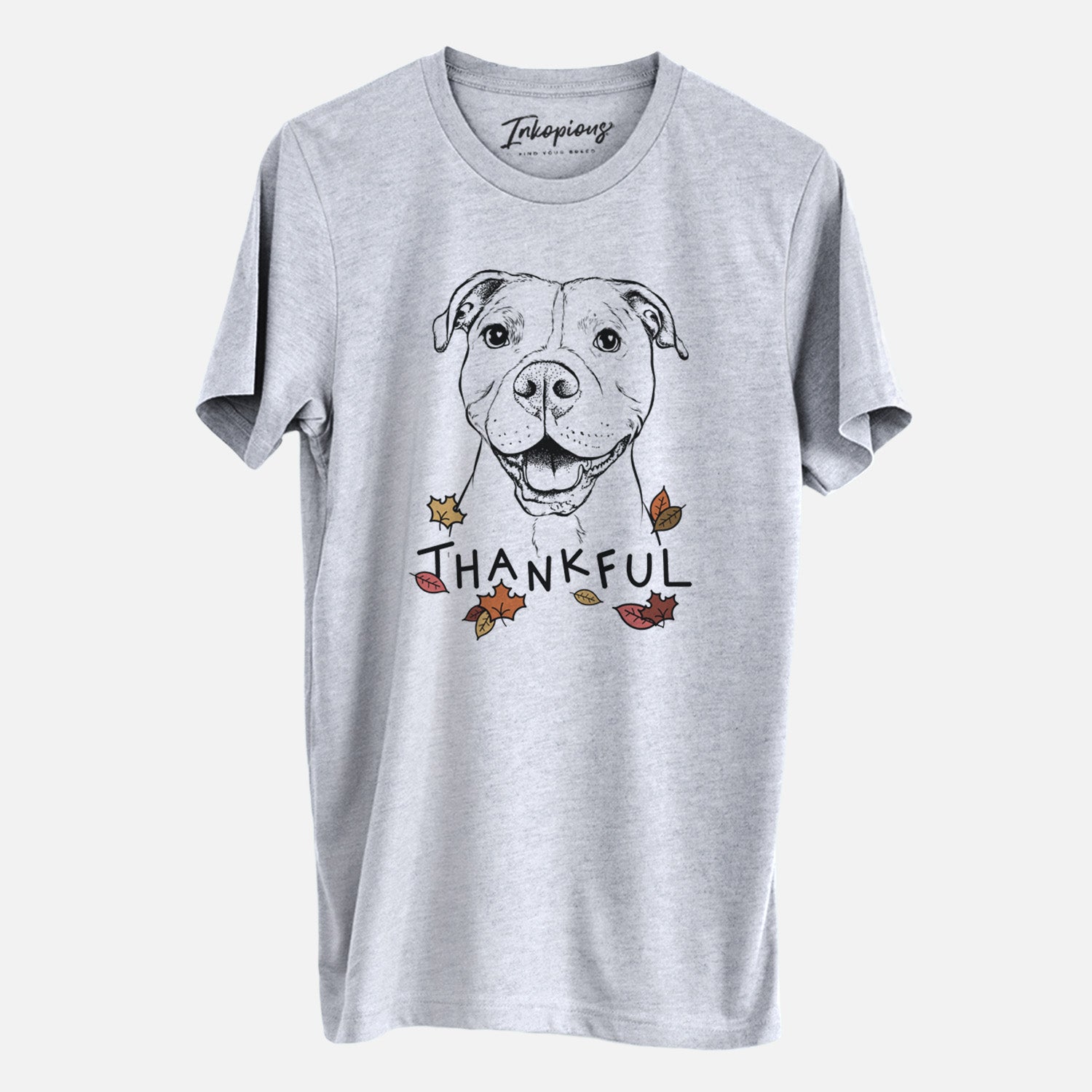 Hand-drawn sketch of Roscoe the Pitbull with 'Thankful' lettering and autumn leaves on a Grey Unisex crewneck