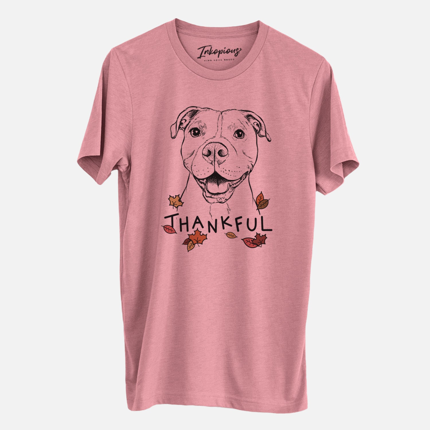 Hand-drawn sketch of Roscoe the Pitbull with 'Thankful' lettering and autumn leaves on a Mauve Unisex crewneck