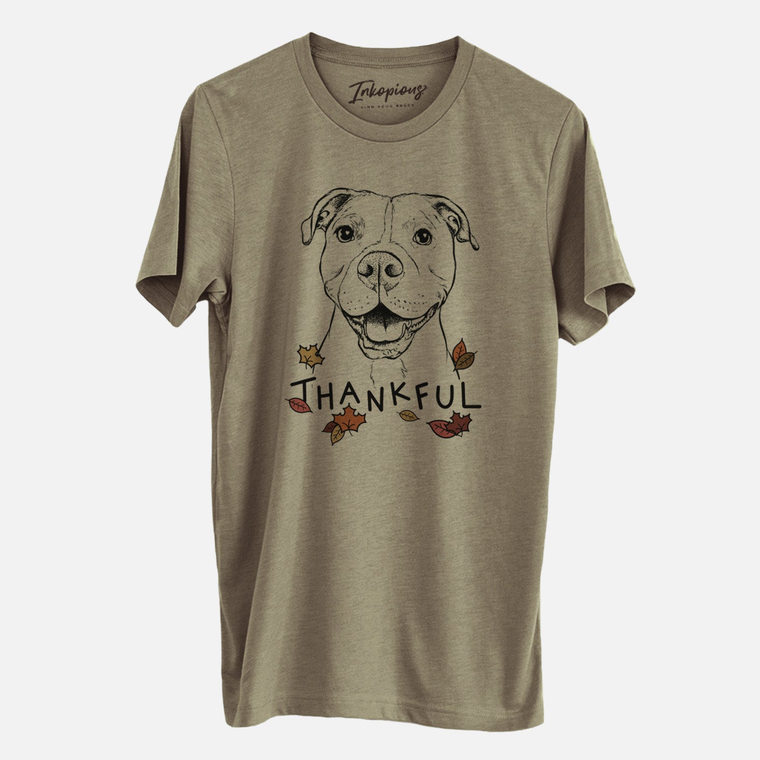 Hand-drawn sketch of Roscoe the Pitbull with 'Thankful' lettering and autumn leaves on an Olive Unisex crewneck