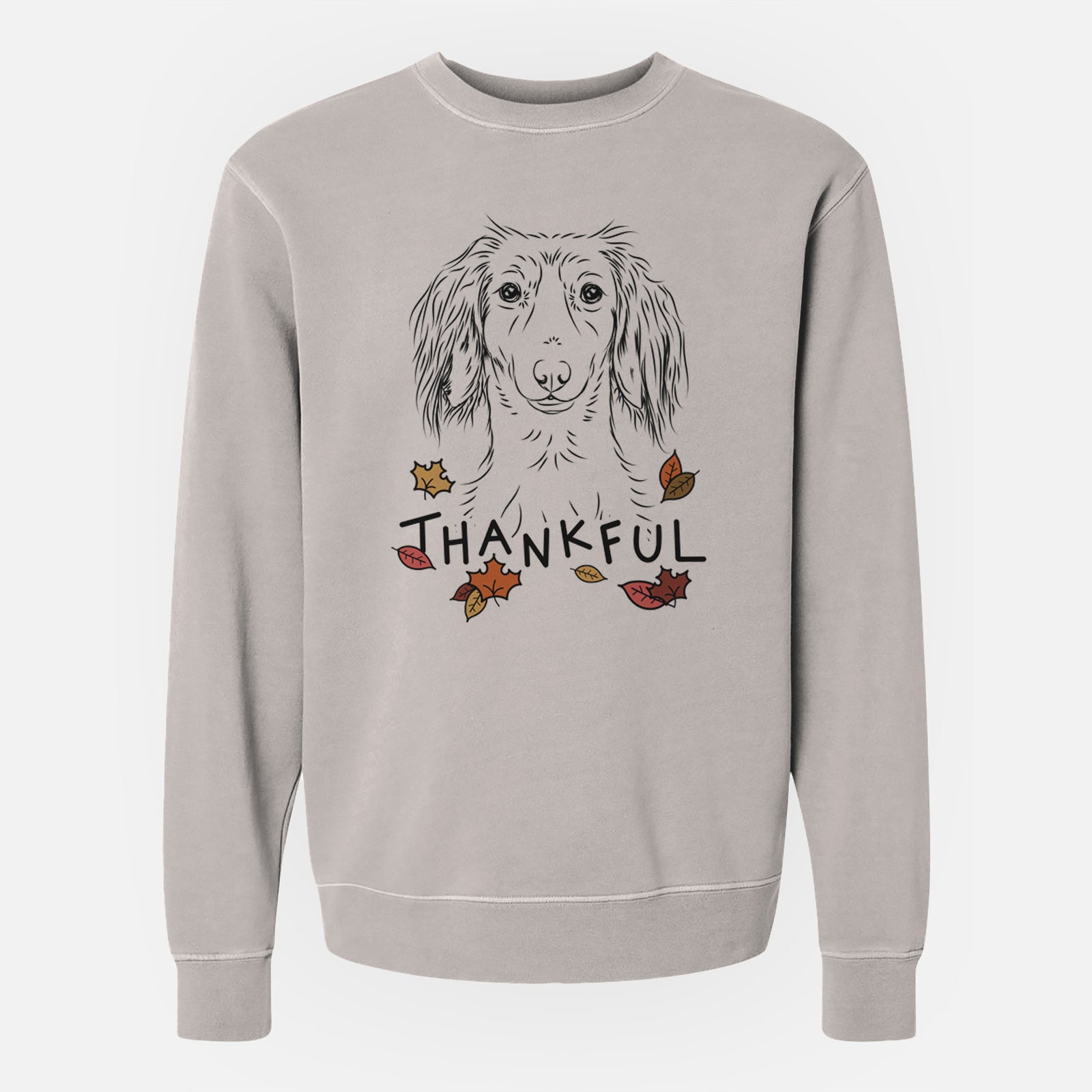 Hand-drawn sketch of Roux the Long Haired Dachshund with 'Thankful' lettering and autumn leaves on a Cement Unisex pigment dyed crew sweatshirt