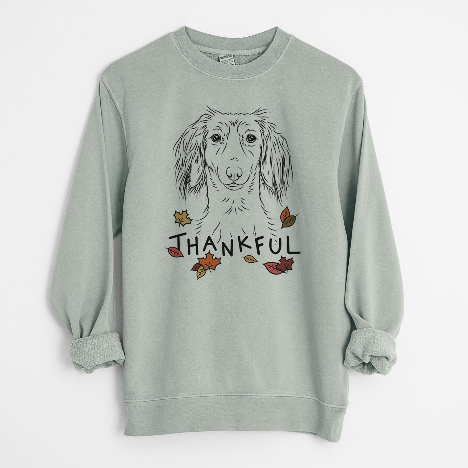 Hand-drawn sketch of Roux the Long Haired Dachshund with 'Thankful' lettering and autumn leaves on a Sage Unisex pigment dyed crew sweatshirt