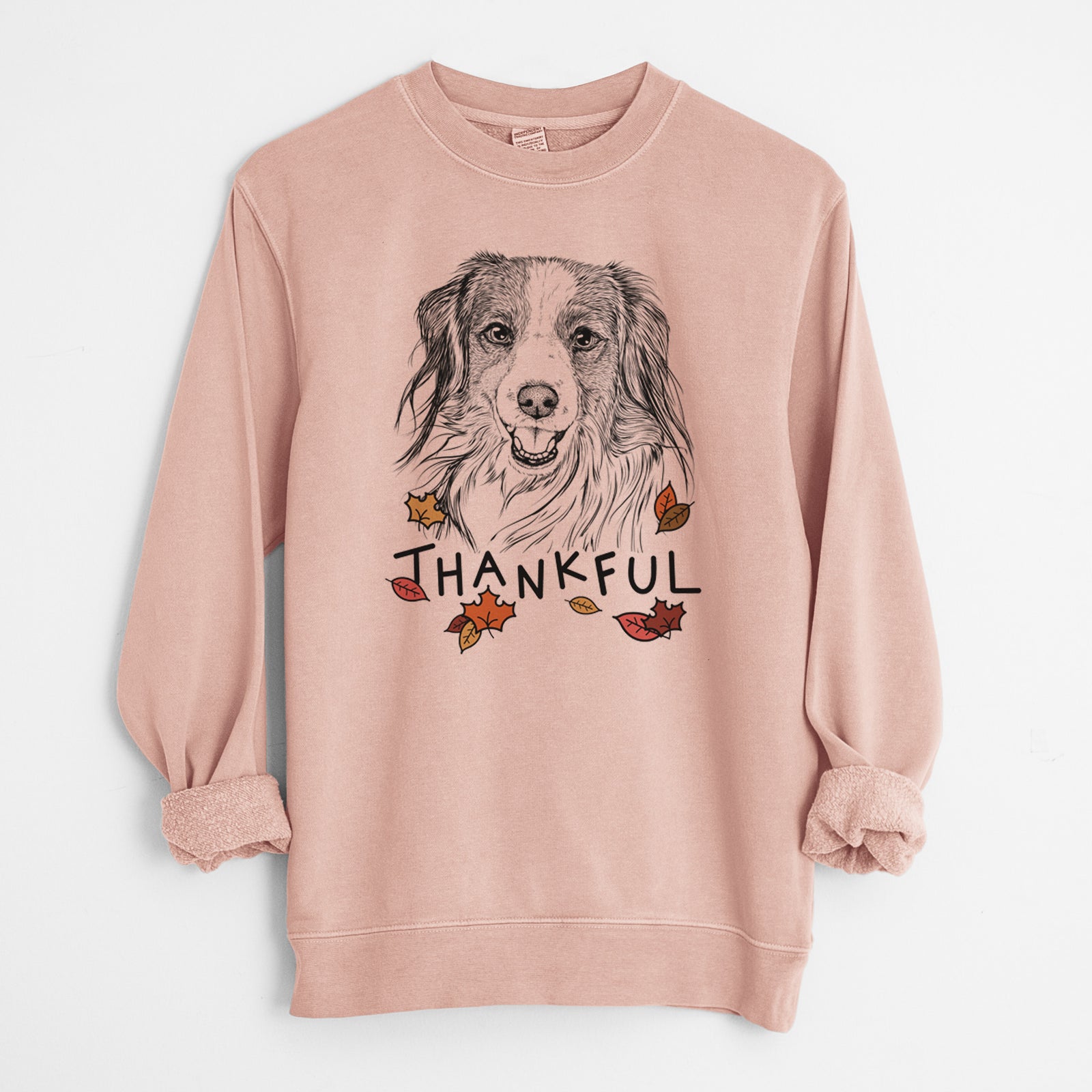 Hand-drawn sketch of Rutger the Nederlandse Kooikerhondje with 'Thankful' lettering and autumn leaves on a Dusty Pink Unisex pigment dyed crew sweatshirt