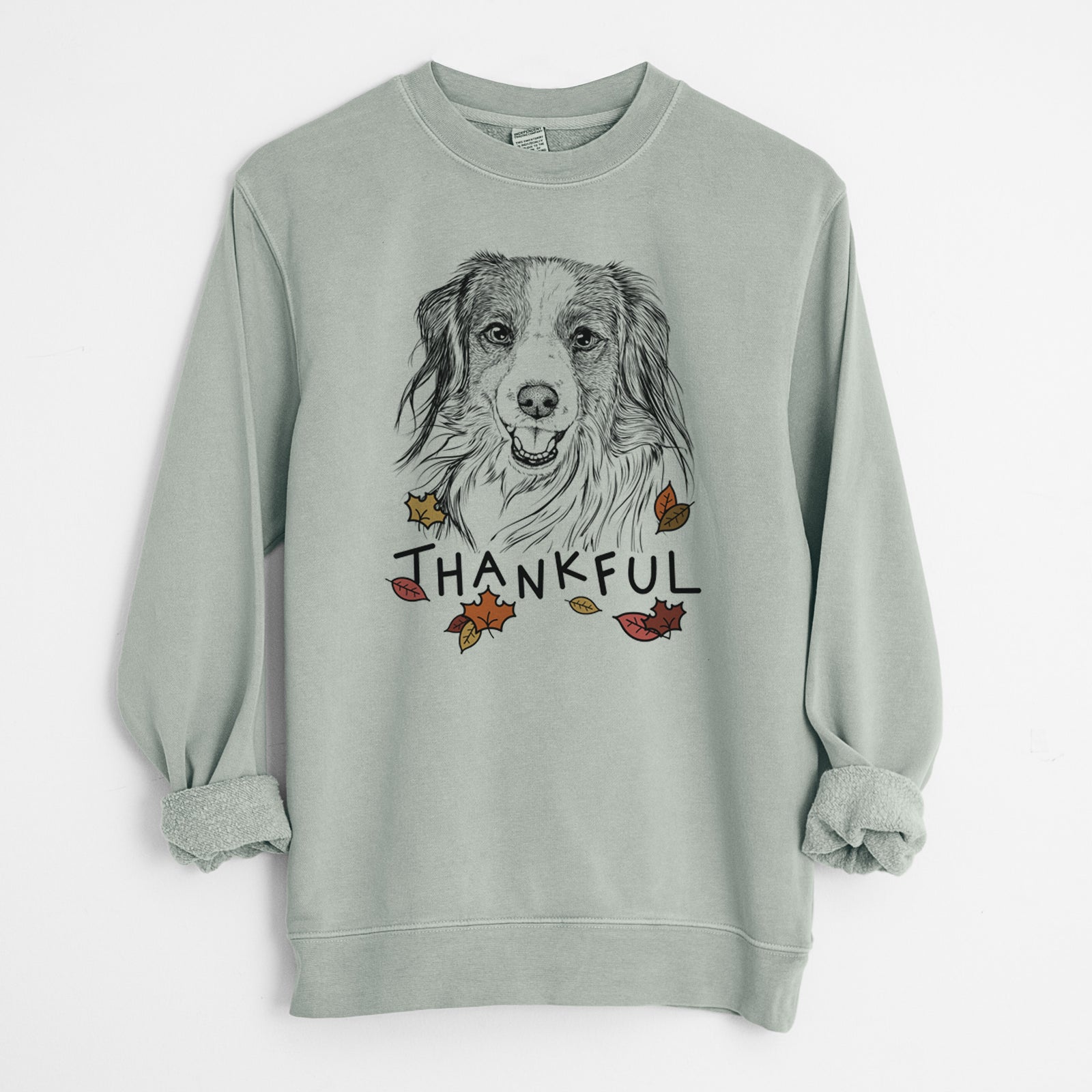 Hand-drawn sketch of Rutger the Nederlandse Kooikerhondje with 'Thankful' lettering and autumn leaves on a Sage Unisex pigment dyed crew sweatshirt