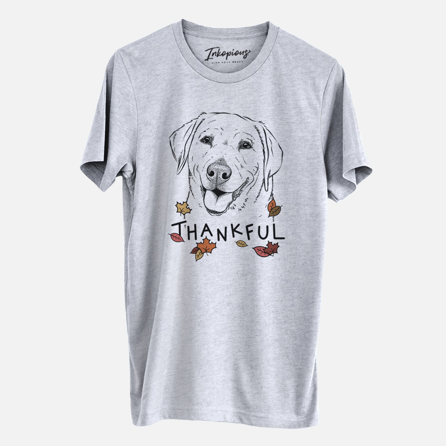 Hand-drawn sketch of Sanford the Labrador Retriever with 'Thankful' lettering and autumn leaves on a Grey Unisex crewneck