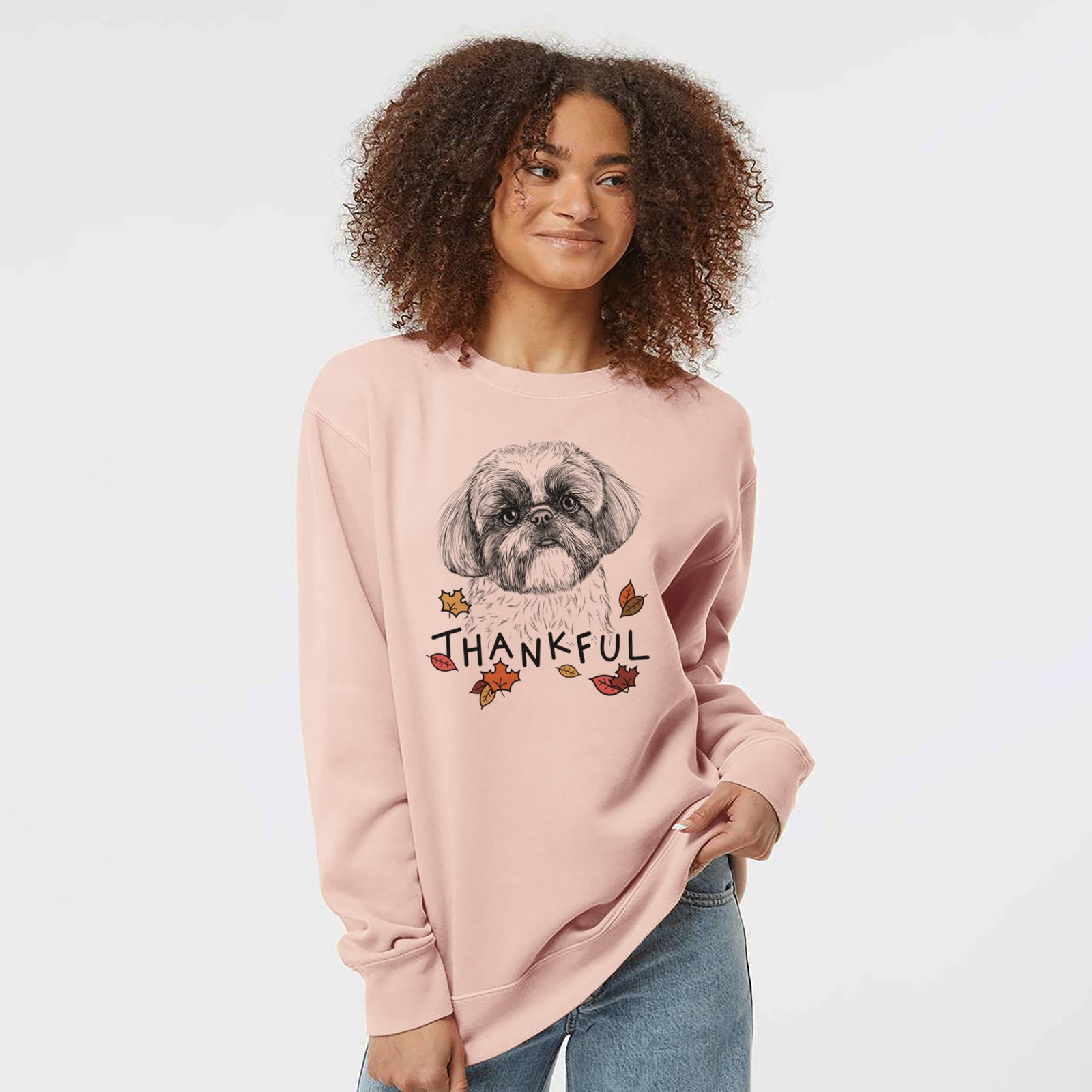 Hand-drawn sketch of Simon the Shih Tzu with 'Thankful' lettering and autumn leaves on a Dusty Pink Unisex pigment dyed crew sweatshirt