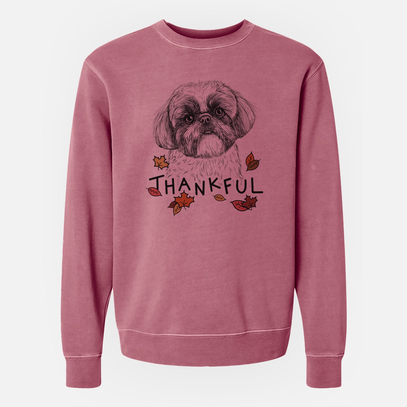 Hand-drawn sketch of Simon the Shih Tzu with 'Thankful' lettering and autumn leaves on a Maroon Unisex pigment dyed crew sweatshirt