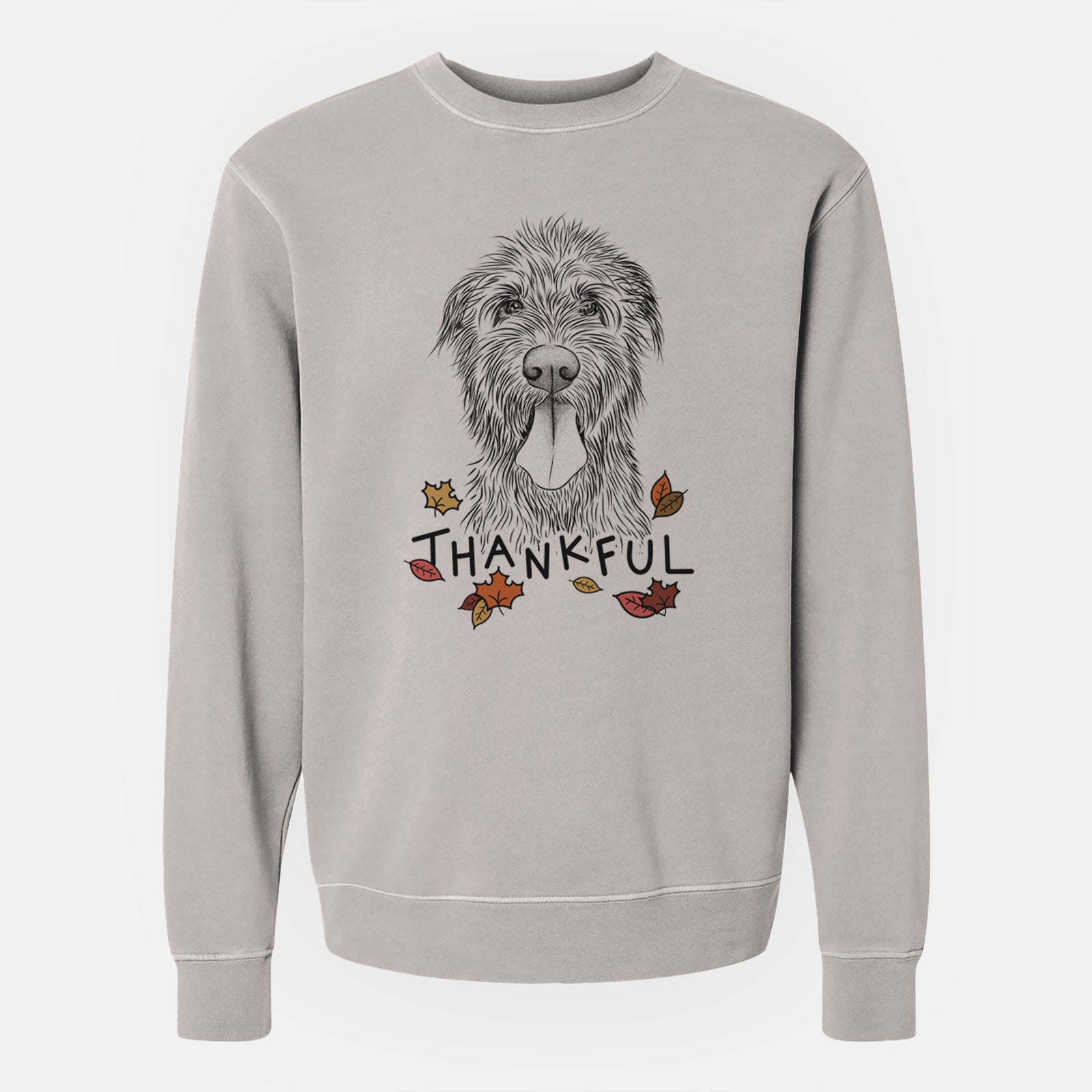 Hand-drawn sketch of Sullivan the Irish Wolfhound with 'Thankful' lettering and autumn leaves on a Cement Unisex pigment dyed crew sweatshirt
