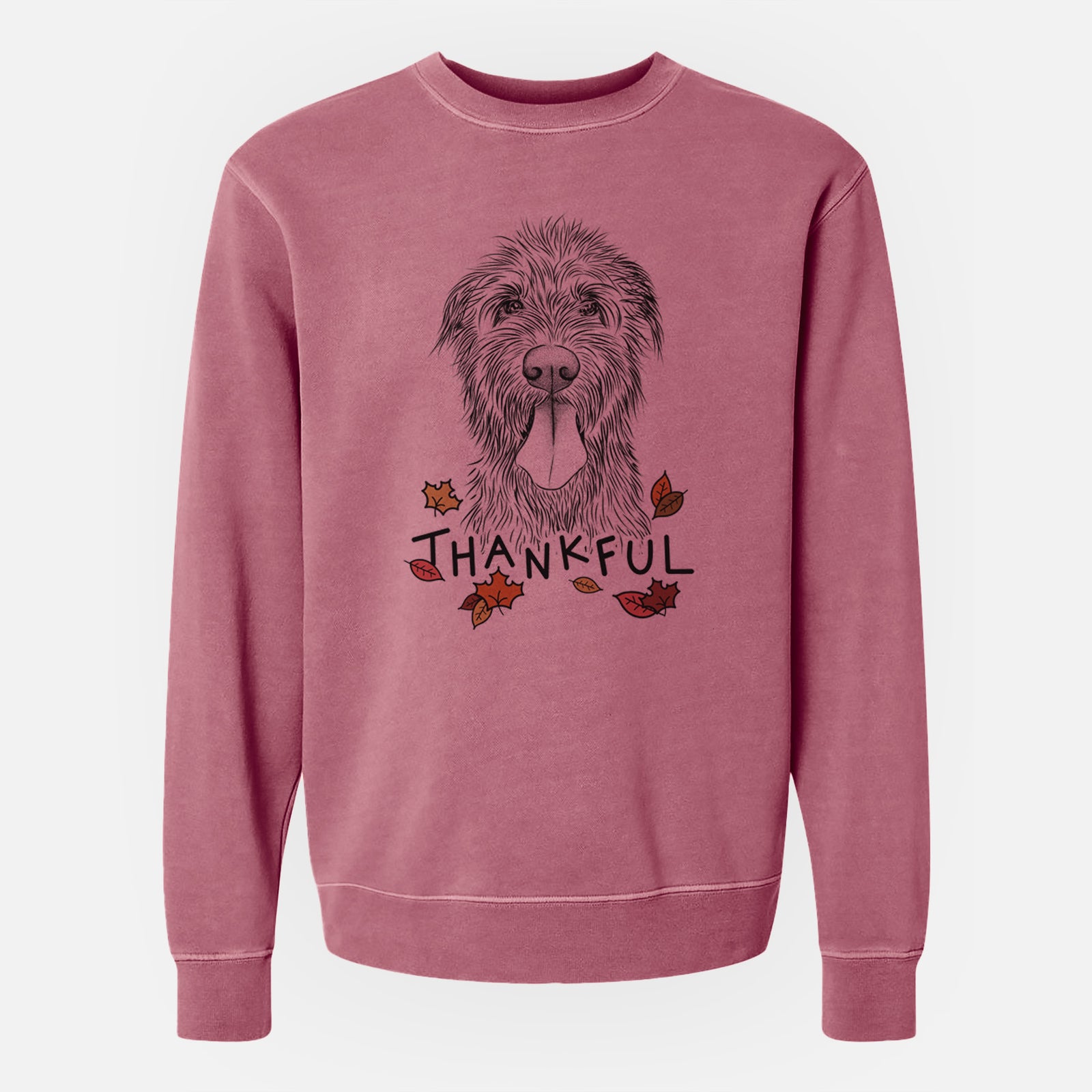 Hand-drawn sketch of Sullivan the Irish Wolfhound with 'Thankful' lettering and autumn leaves on a Maroon Unisex pigment dyed crew sweatshirt