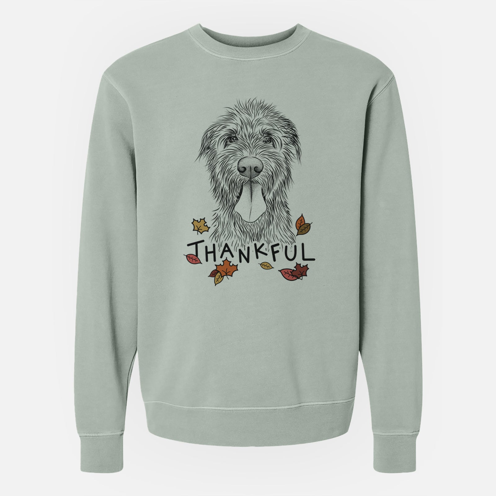 Hand-drawn sketch of Sullivan the Irish Wolfhound with 'Thankful' lettering and autumn leaves on a Sage Unisex pigment dyed crew sweatshirt