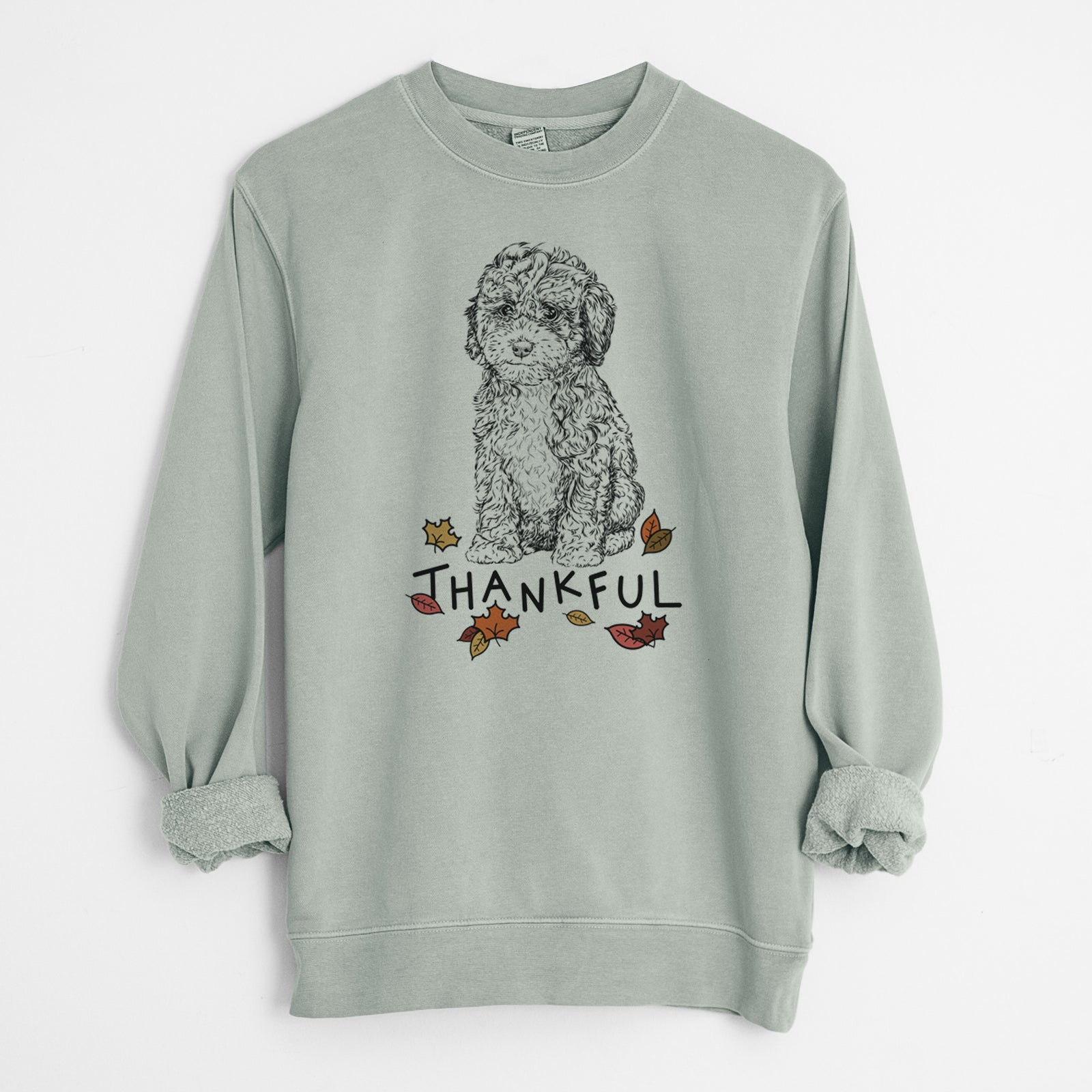 Hand-drawn sketch of Sweet Tea the Mini Doodle with 'Thankful' lettering and autumn leaves on a Sage Unisex pigment dyed crew sweatshirt