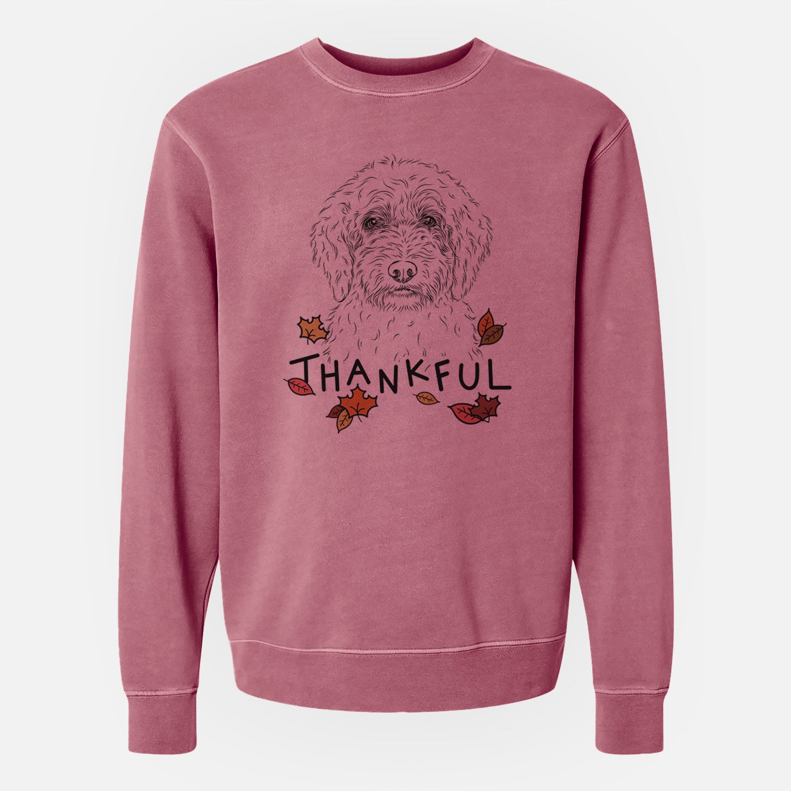 Hand-drawn sketch of Teddy the Labradoodle with 'Thankful' lettering and autumn leaves on a Maroon Unisex pigment dyed crew sweatshirt
