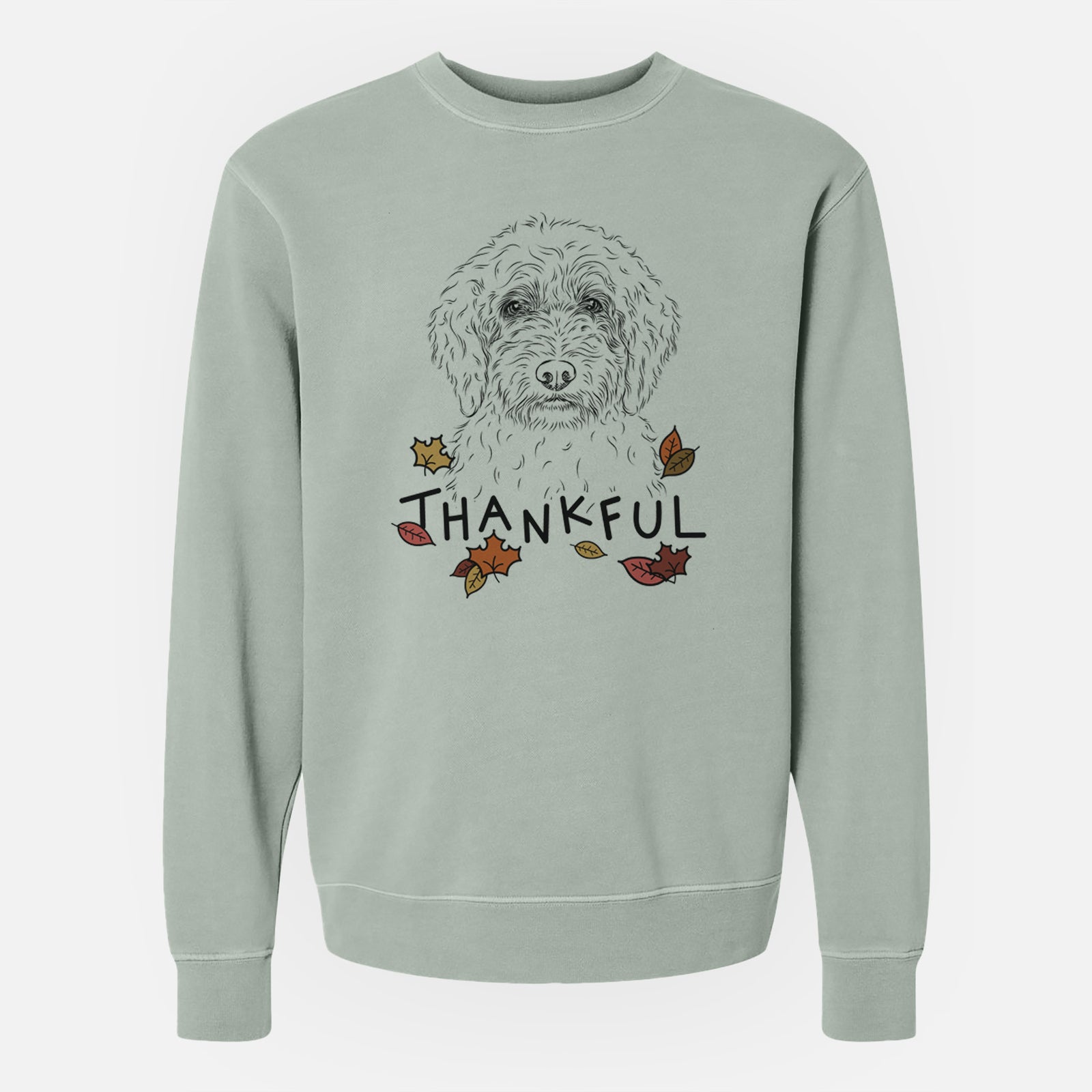 Hand-drawn sketch of Teddy the Labradoodle with 'Thankful' lettering and autumn leaves on a Sage Unisex pigment dyed crew sweatshirt