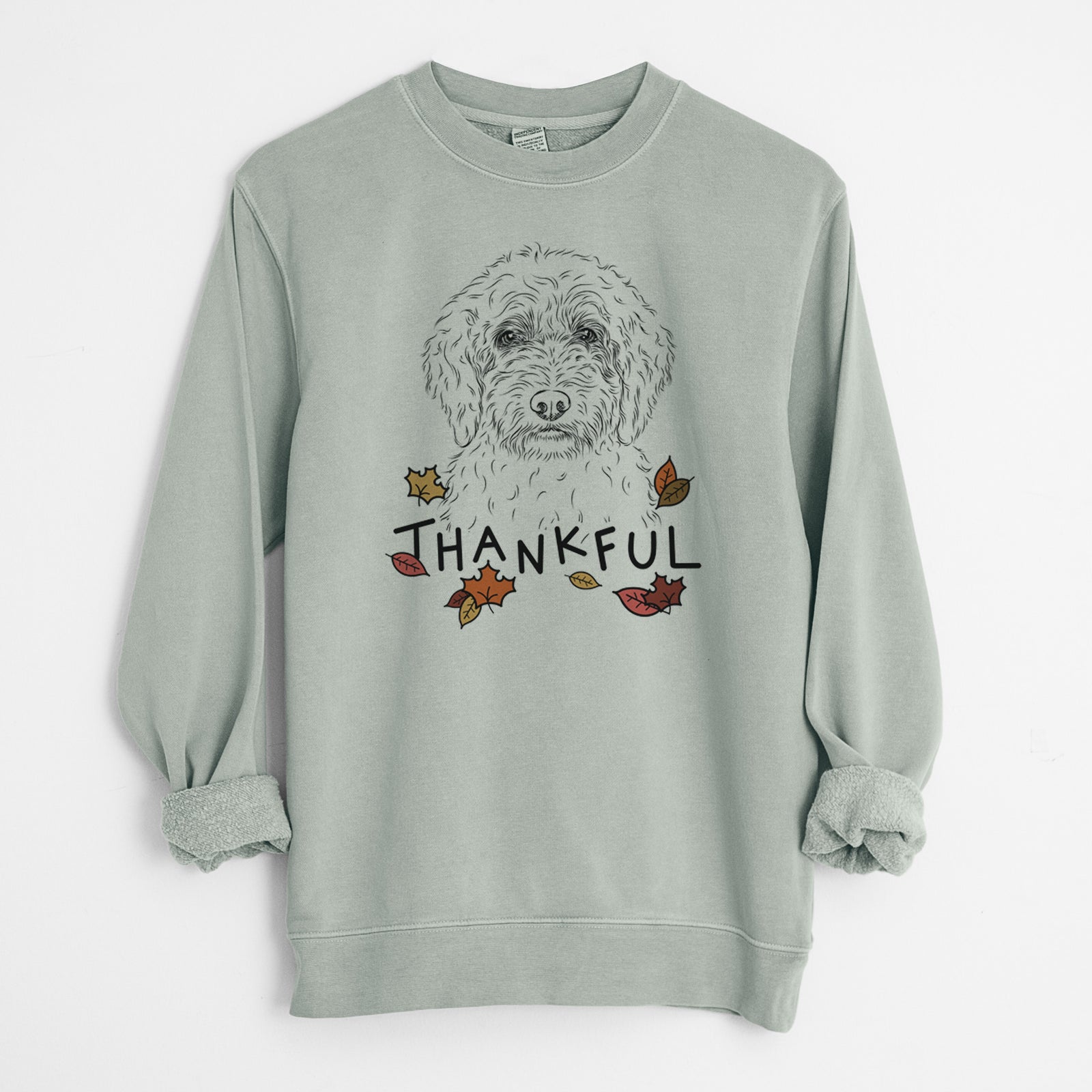 Hand-drawn sketch of Teddy the Labradoodle with 'Thankful' lettering and autumn leaves on a Sage Unisex pigment dyed crew sweatshirt