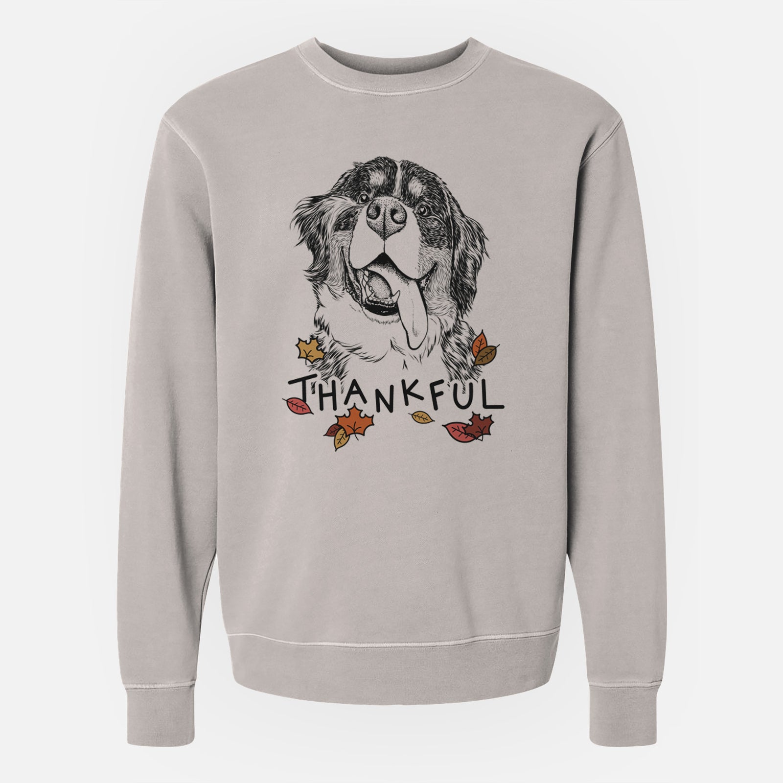 Hand-drawn sketch of Theo the Bernese Mountain Dog with 'Thankful' lettering and autumn leaves on a Cement Unisex pigment dyed crew sweatshirt