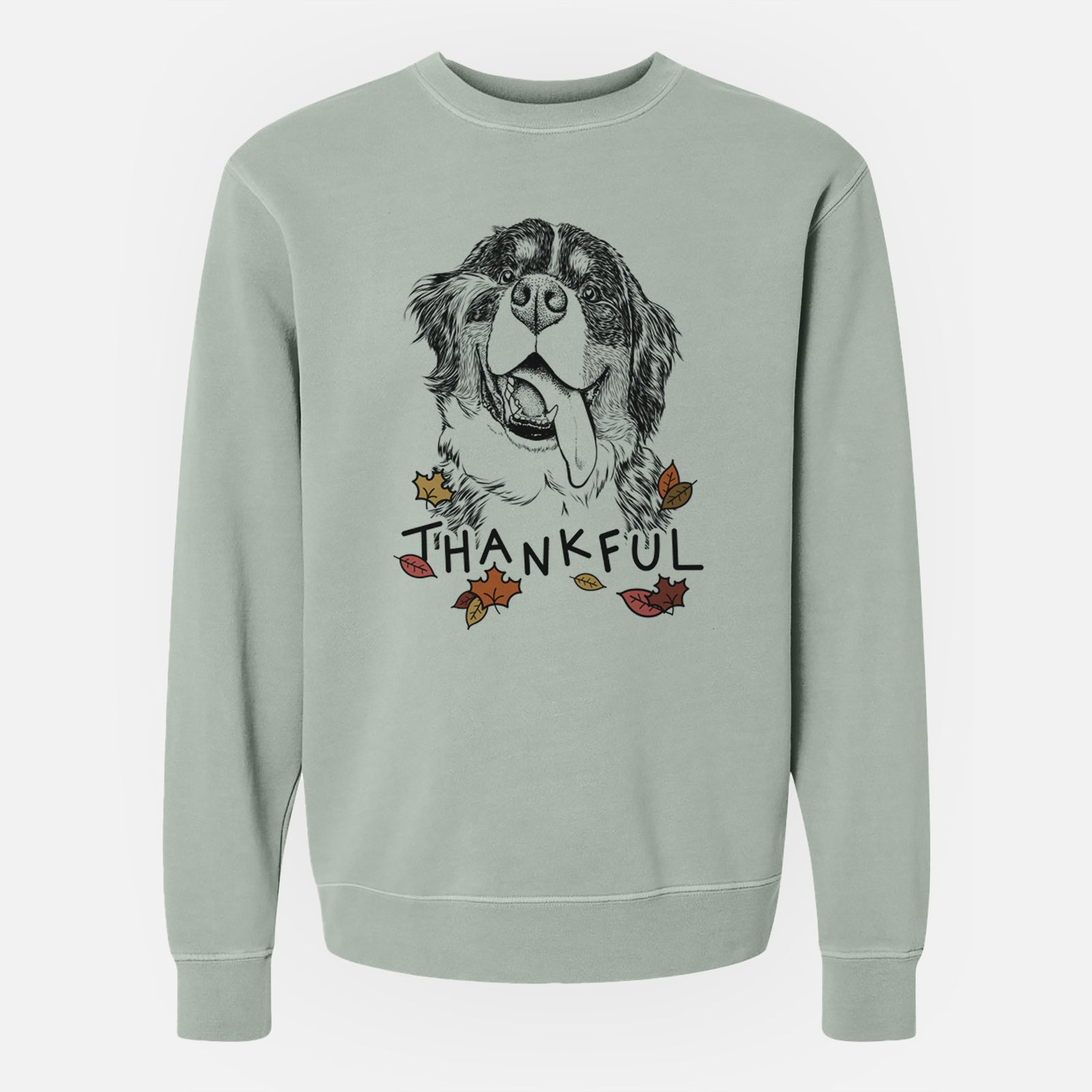 Hand-drawn sketch of Theo the Bernese Mountain Dog with 'Thankful' lettering and autumn leaves on a Sage Unisex pigment dyed crew sweatshirt