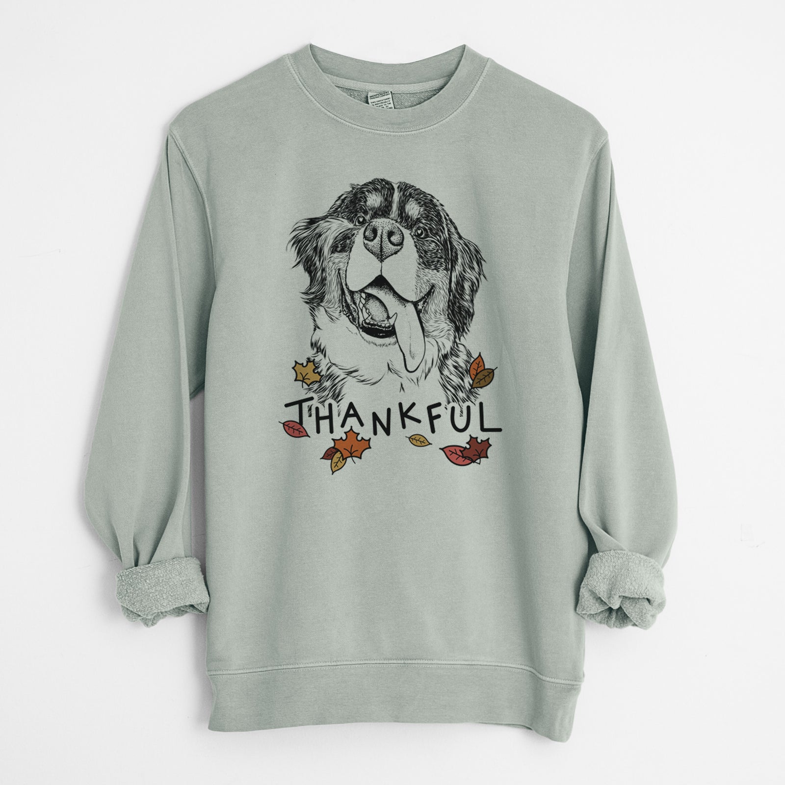 Hand-drawn sketch of Theo the Bernese Mountain Dog with 'Thankful' lettering and autumn leaves on a Sage Unisex pigment dyed crew sweatshirt