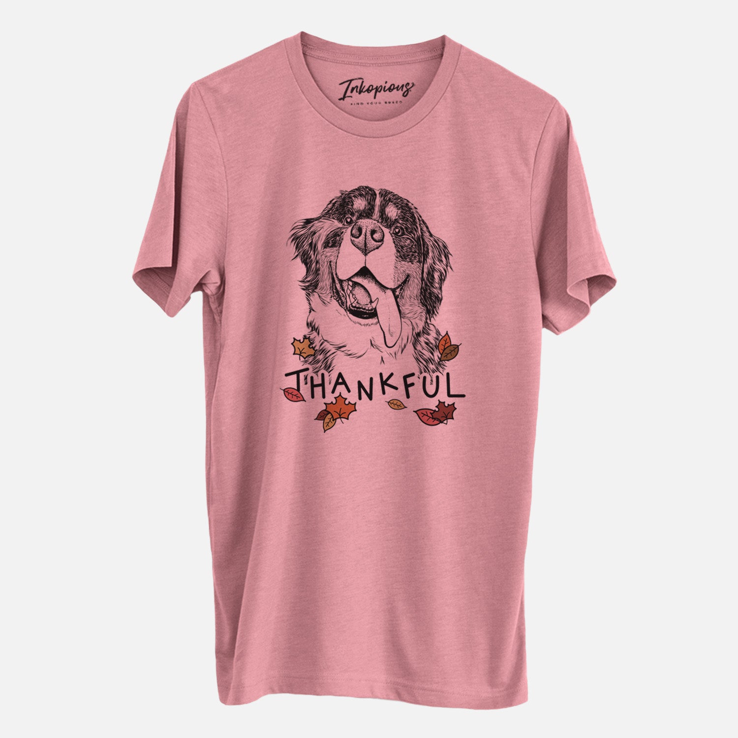 Hand-drawn sketch of Theo the Bernese Mountain Dog with 'Thankful' lettering and autumn leaves on a Mauve Unisex crewneck
