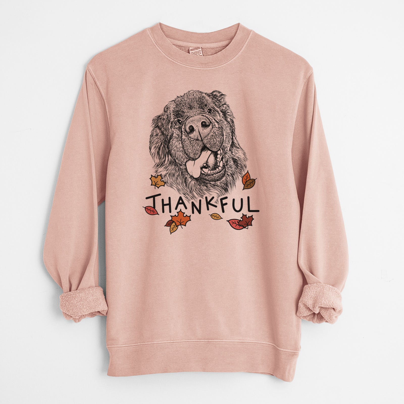 Hand-drawn sketch of Tuna the Newfoundland with 'Thankful' lettering and autumn leaves on a Dusty Pink Unisex pigment dyed crew sweatshirt