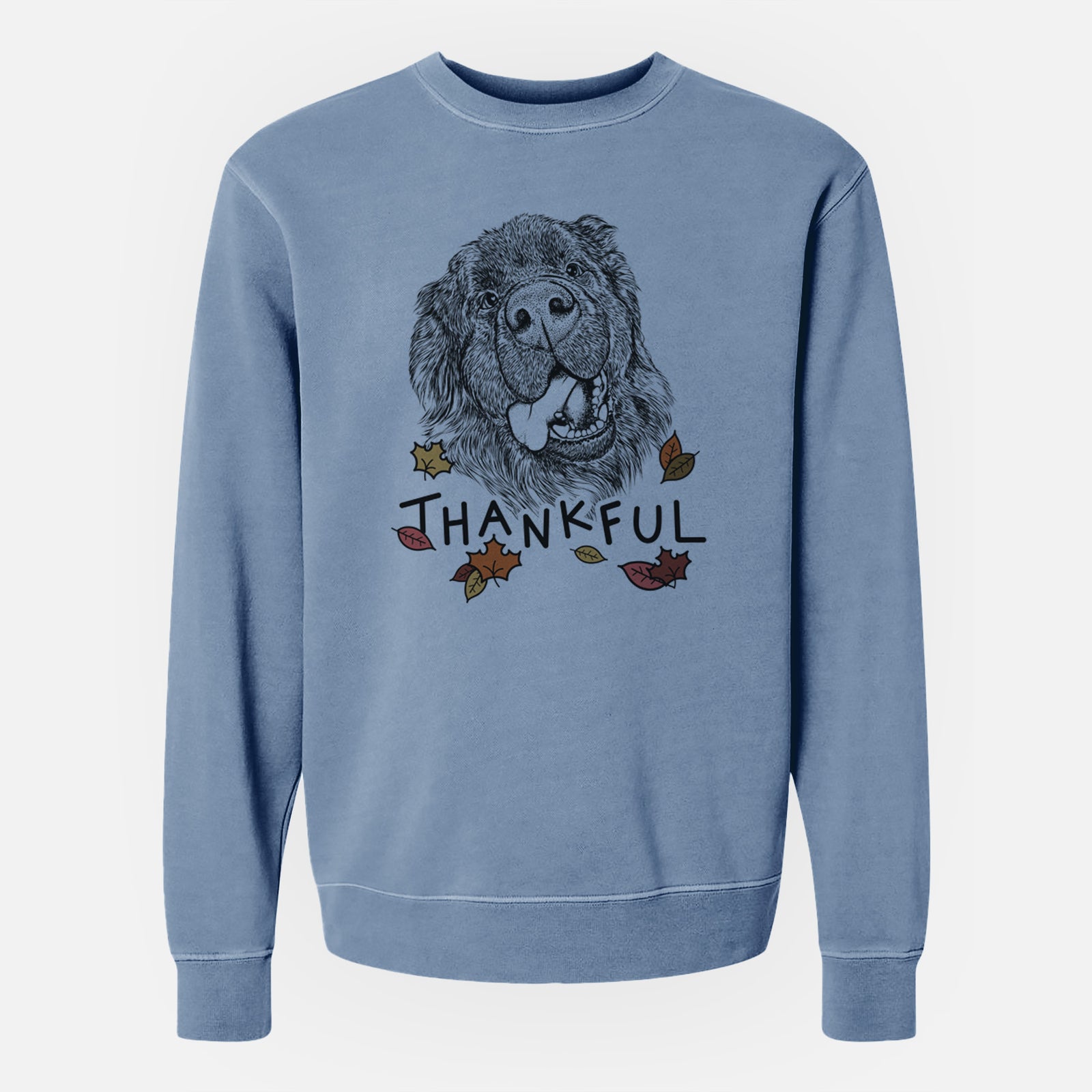 Hand-drawn sketch of Tuna the Newfoundland with 'Thankful' lettering and autumn leaves on a Slate Blue Unisex pigment dyed crew sweatshirt