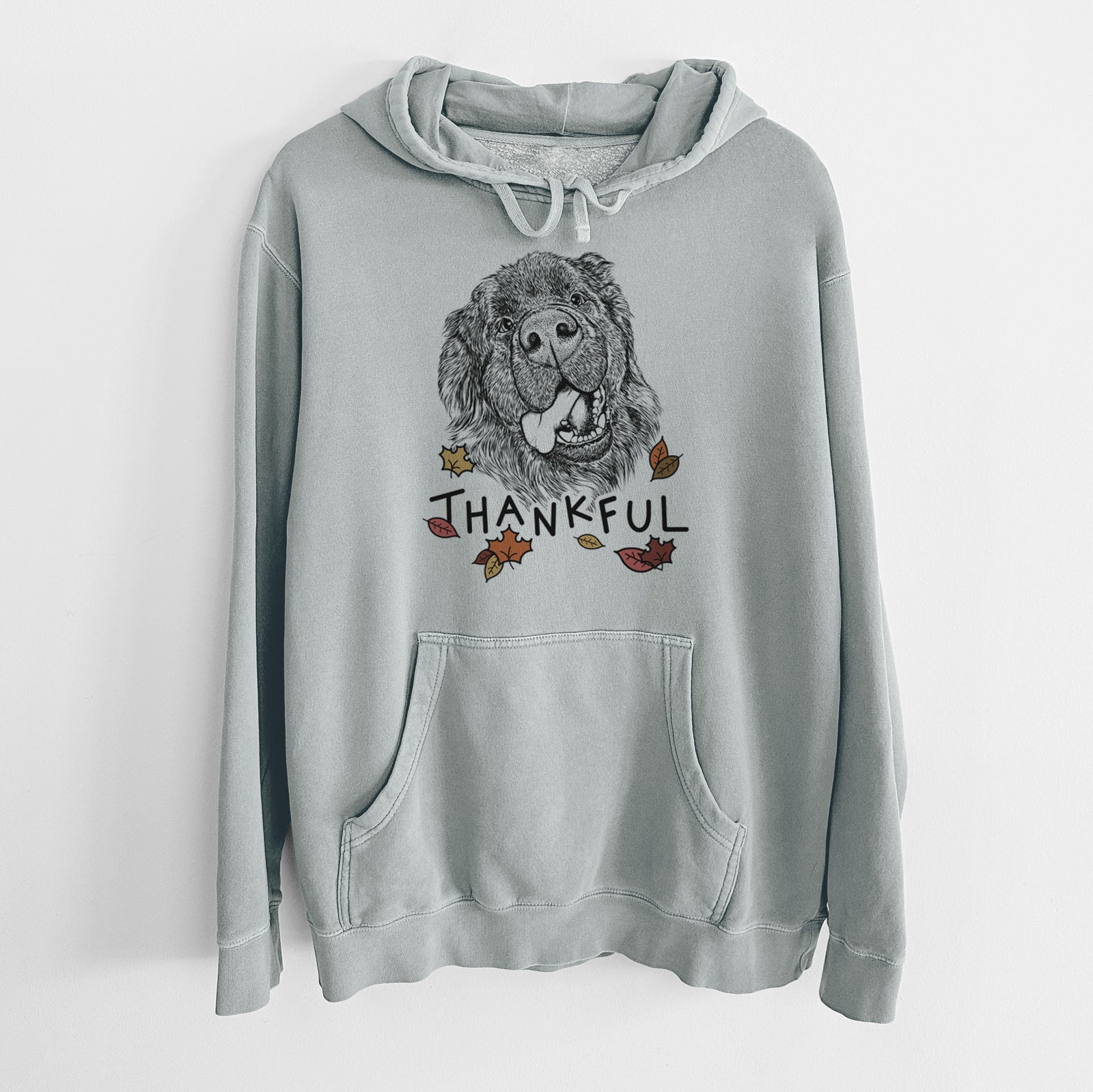 Hand-drawn sketch of Tuna the Newfoundland with 'Thankful' lettering and autumn leaves on a Sage Unisex pigment dyed hoodie