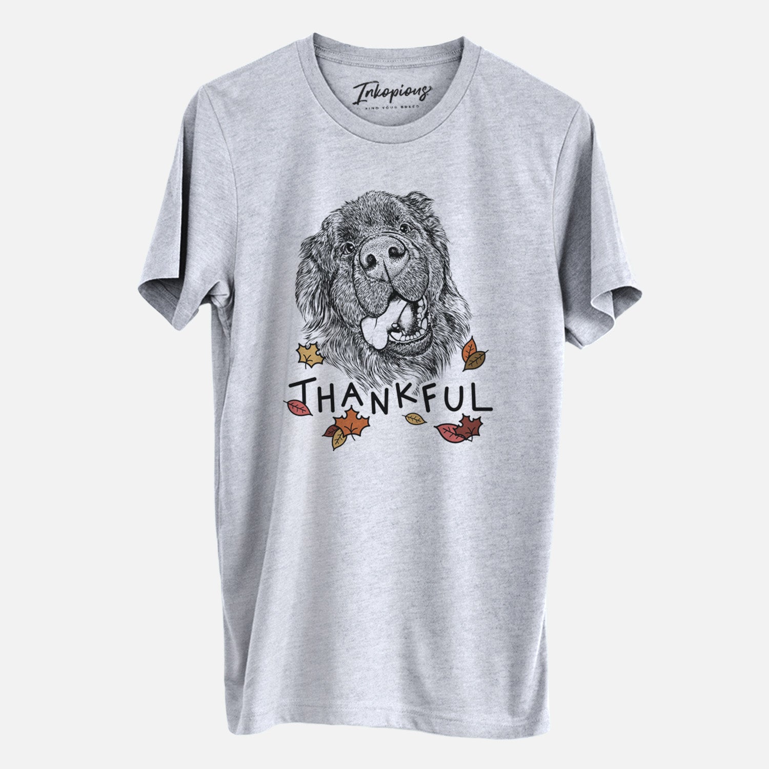 Hand-drawn sketch of Tuna the Newfoundland with 'Thankful' lettering and autumn leaves on a Grey Unisex crewneck