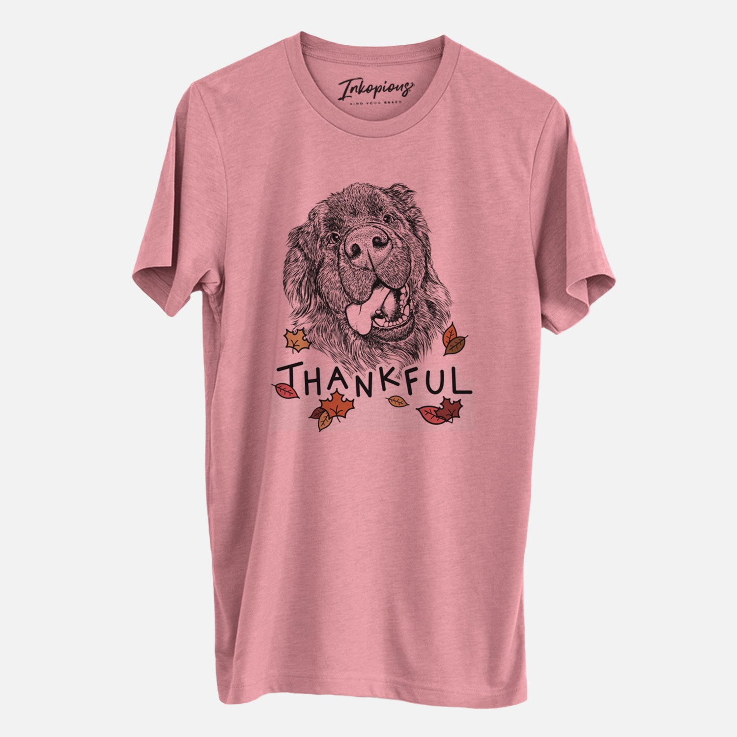 Hand-drawn sketch of Tuna the Newfoundland with 'Thankful' lettering and autumn leaves on a Mauve Unisex crewneck