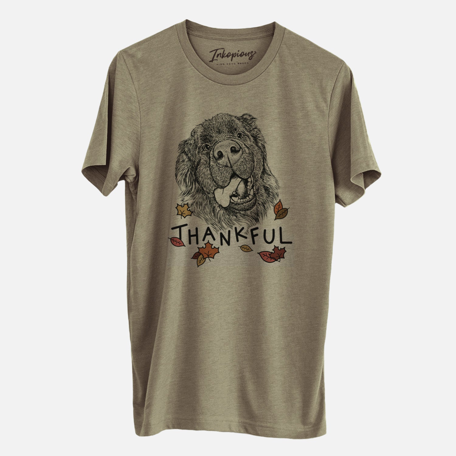Hand-drawn sketch of Tuna the Newfoundland with 'Thankful' lettering and autumn leaves on an Olive Unisex crewneck