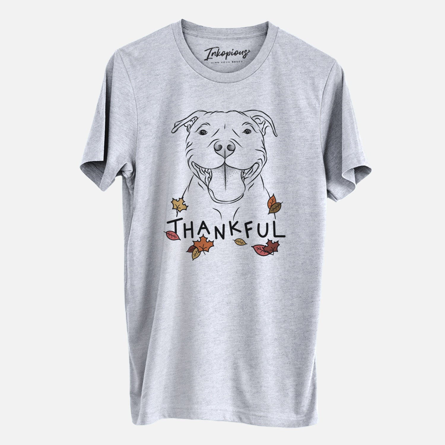 Hand-drawn sketch of Wafer the Staffordshire Bull Terrier with 'Thankful' lettering and autumn leaves on a Grey Unisex crewneck