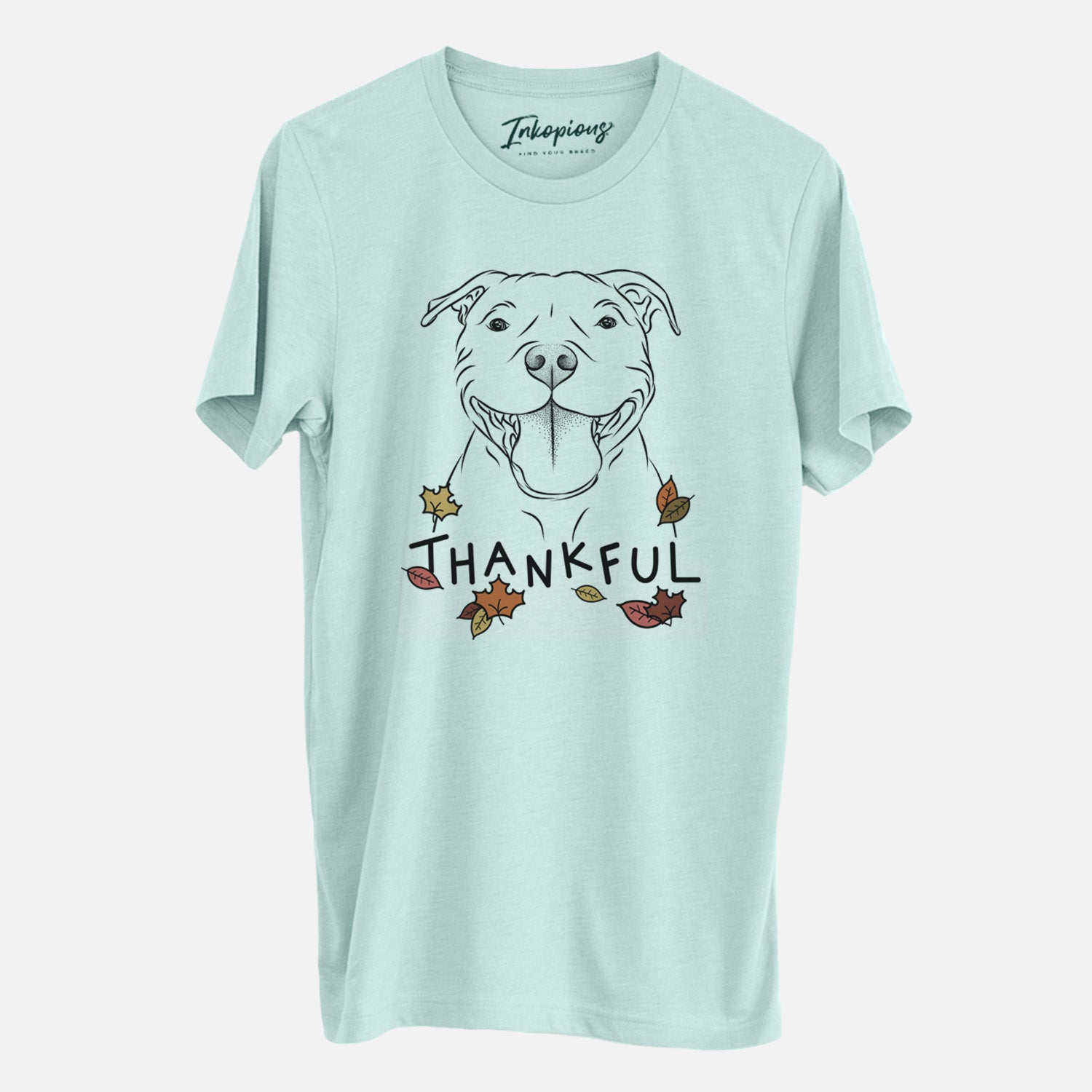Hand-drawn sketch of Wafer the Staffordshire Bull Terrier with 'Thankful' lettering and autumn leaves on a Heather Sage Unisex crewneck