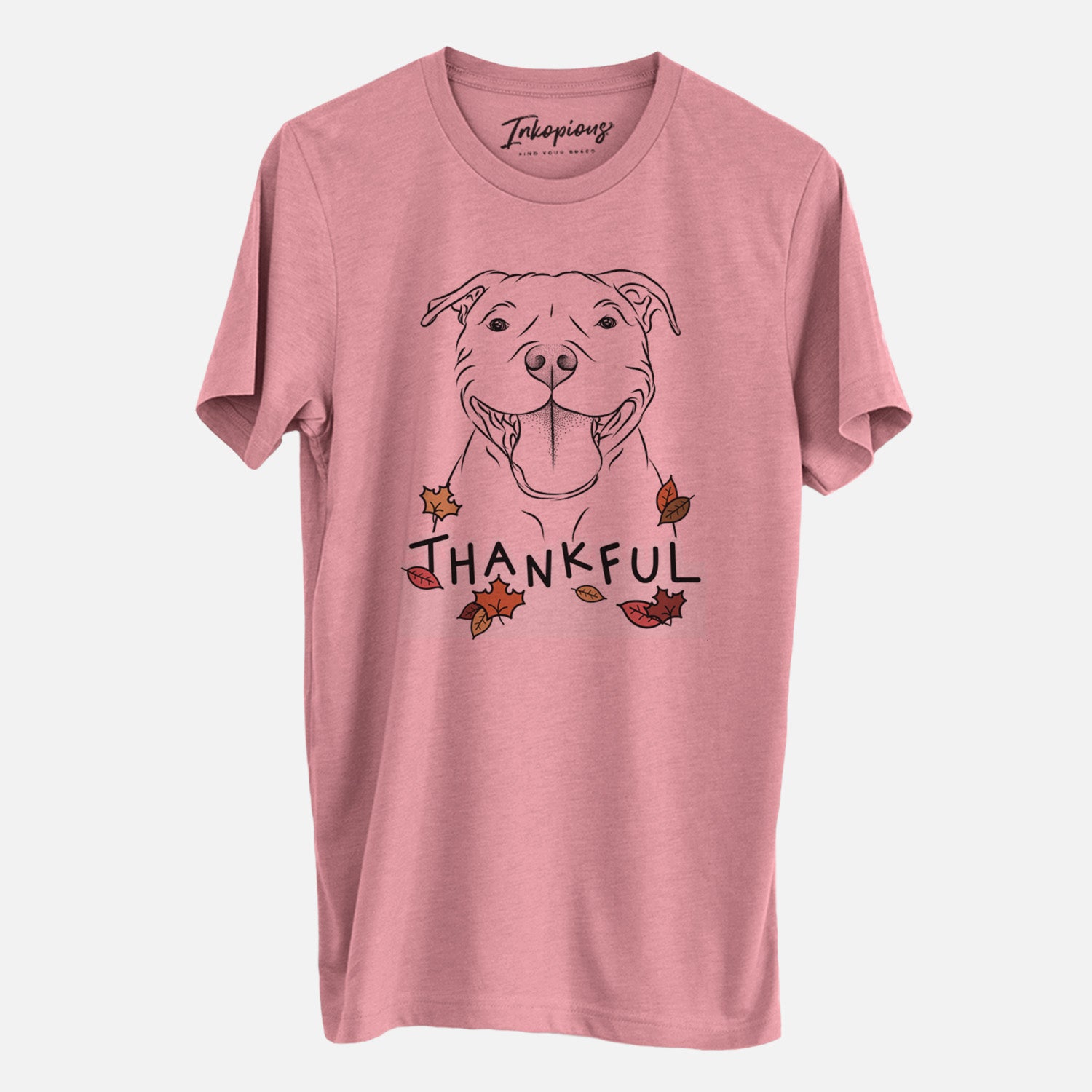Hand-drawn sketch of Wafer the Staffordshire Bull Terrier with 'Thankful' lettering and autumn leaves on a Mauve Unisex crewneck