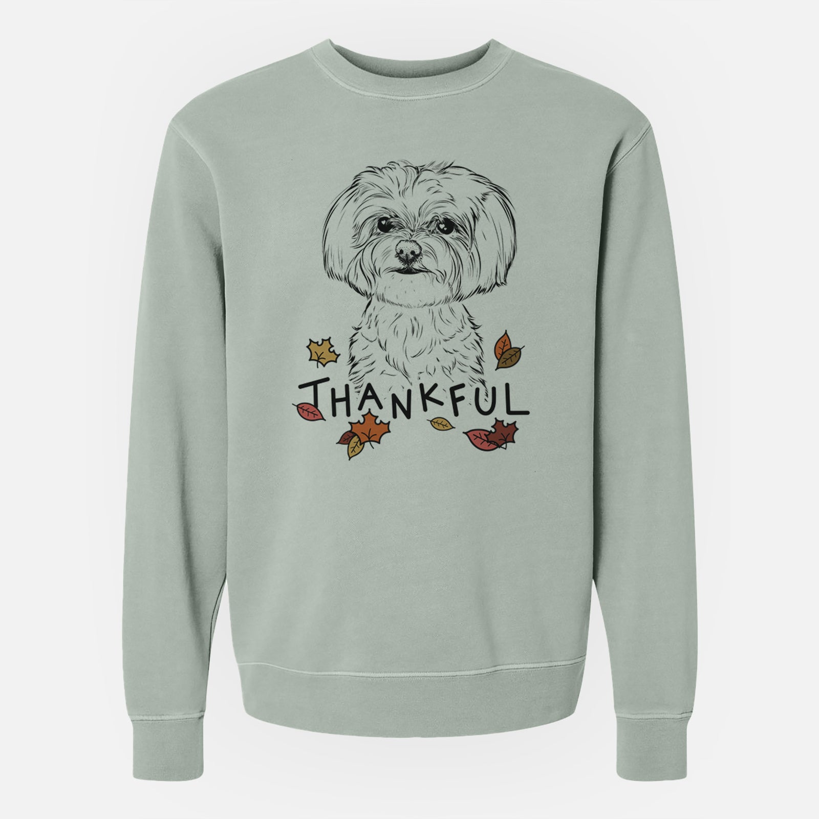 Hand-drawn sketch of Willow the Maltese with 'Thankful' lettering and autumn leaves on a Sage Unisex pigment dyed crew sweatshirt