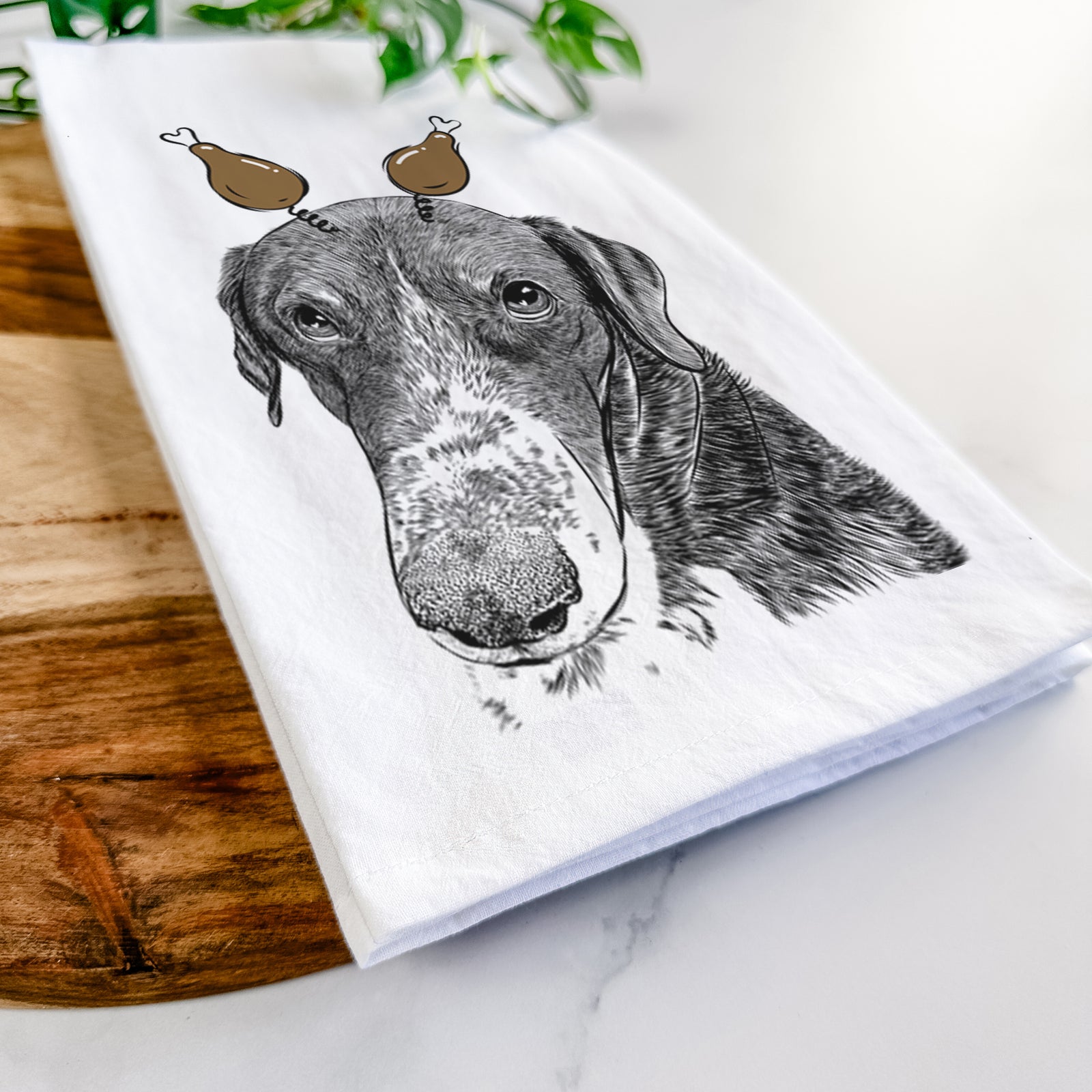 Hand-drawn sketch of Angel Orion the Mixed Breed with a Thanksgiving turkey headpiece on a tea towel