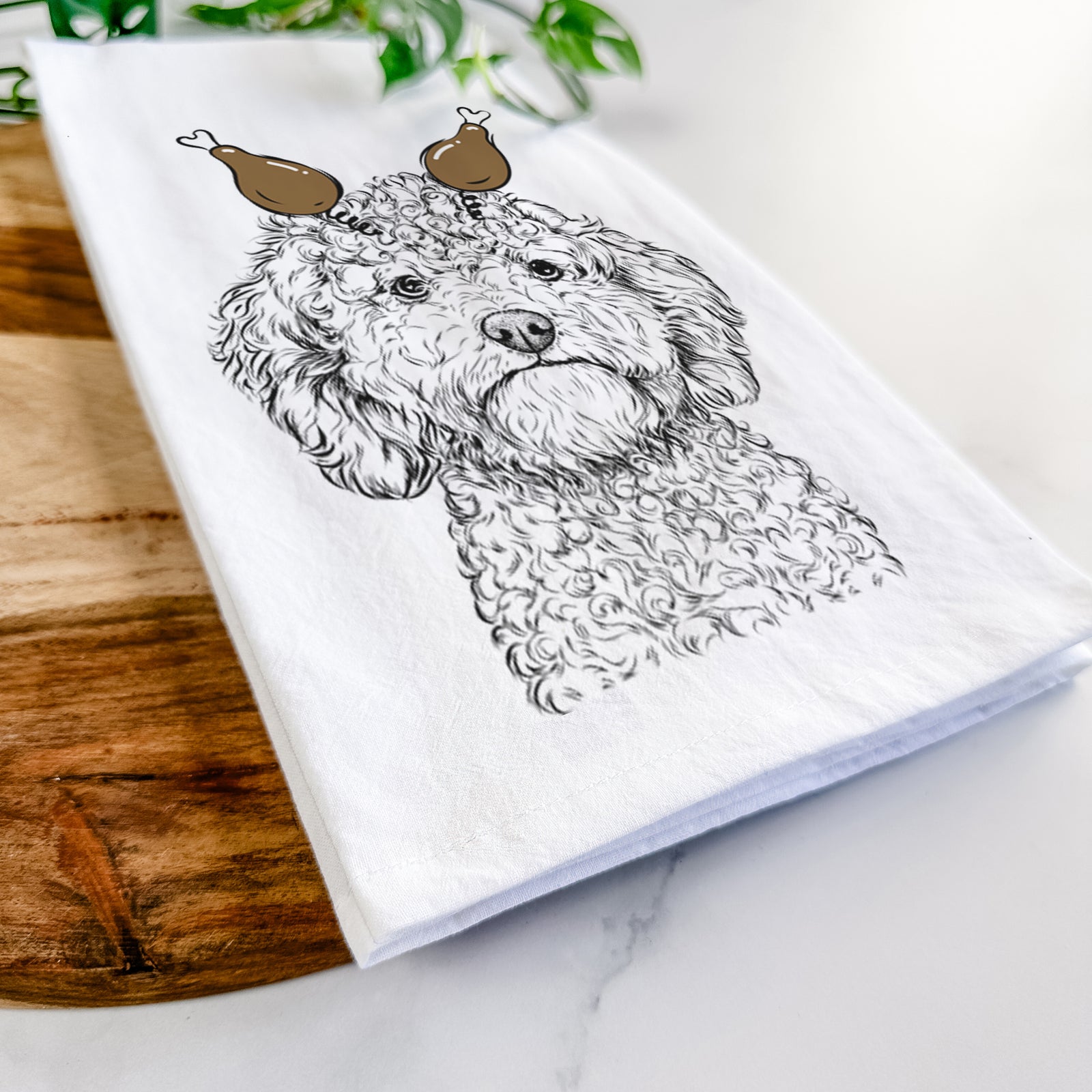 Hand-drawn sketch of Edgar the Shihpoo with a Thanksgiving turkey headpiece on a tea towel