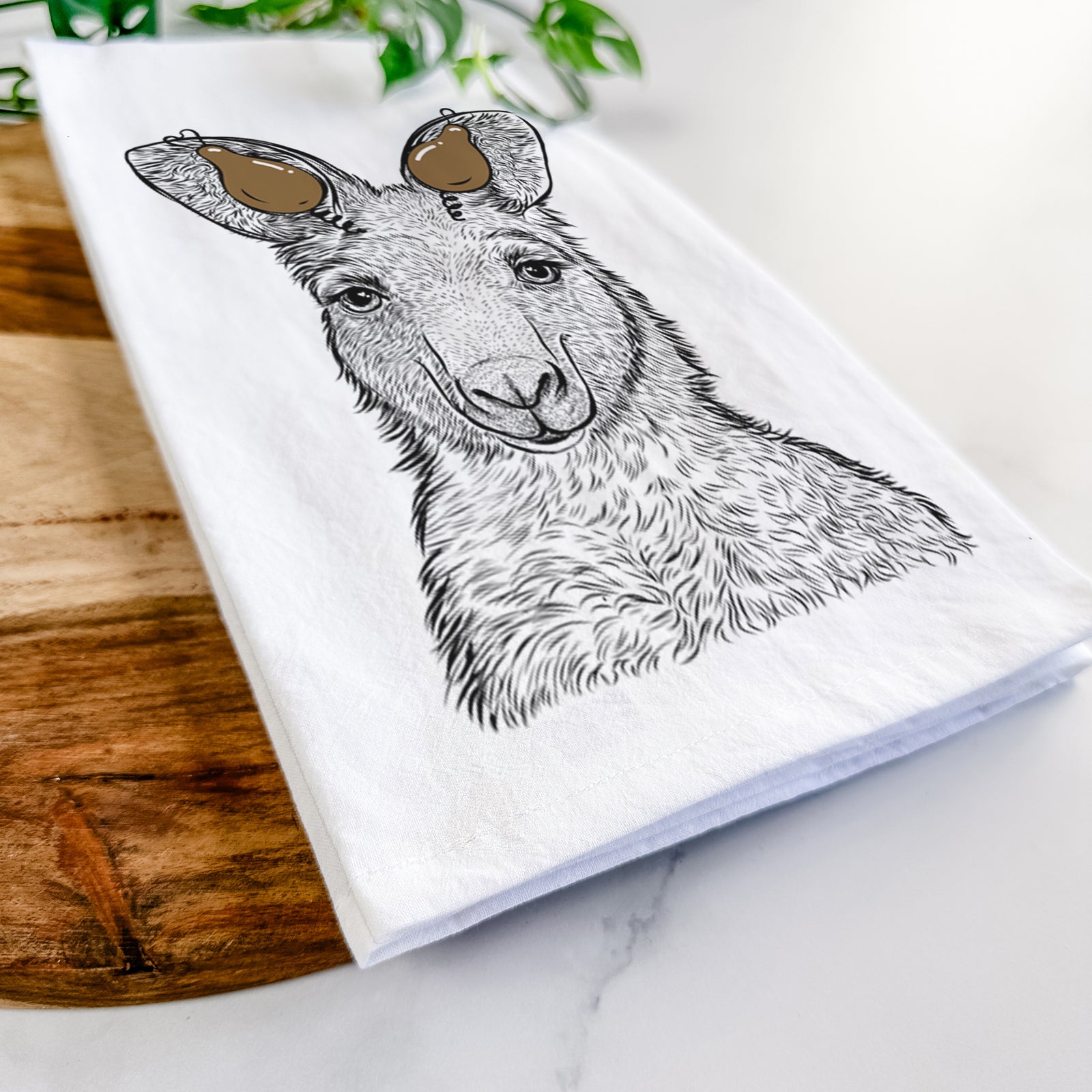 Hand-drawn sketch of Evelyn the Eastern Grey Kangaroo with a Thanksgiving turkey headpiece on a tea towel