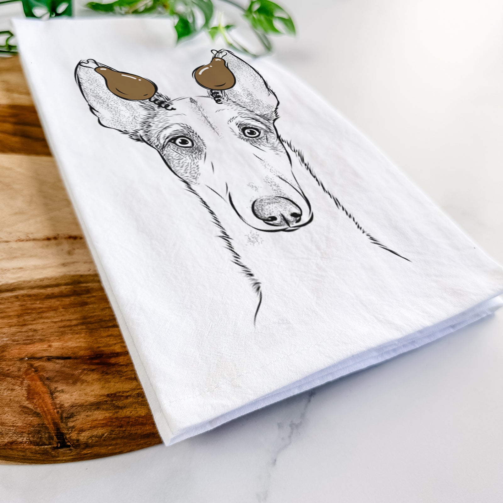 Hand-drawn sketch of Halo the Ibizan Sight Hound with a Thanksgiving turkey headpiece on a tea towel