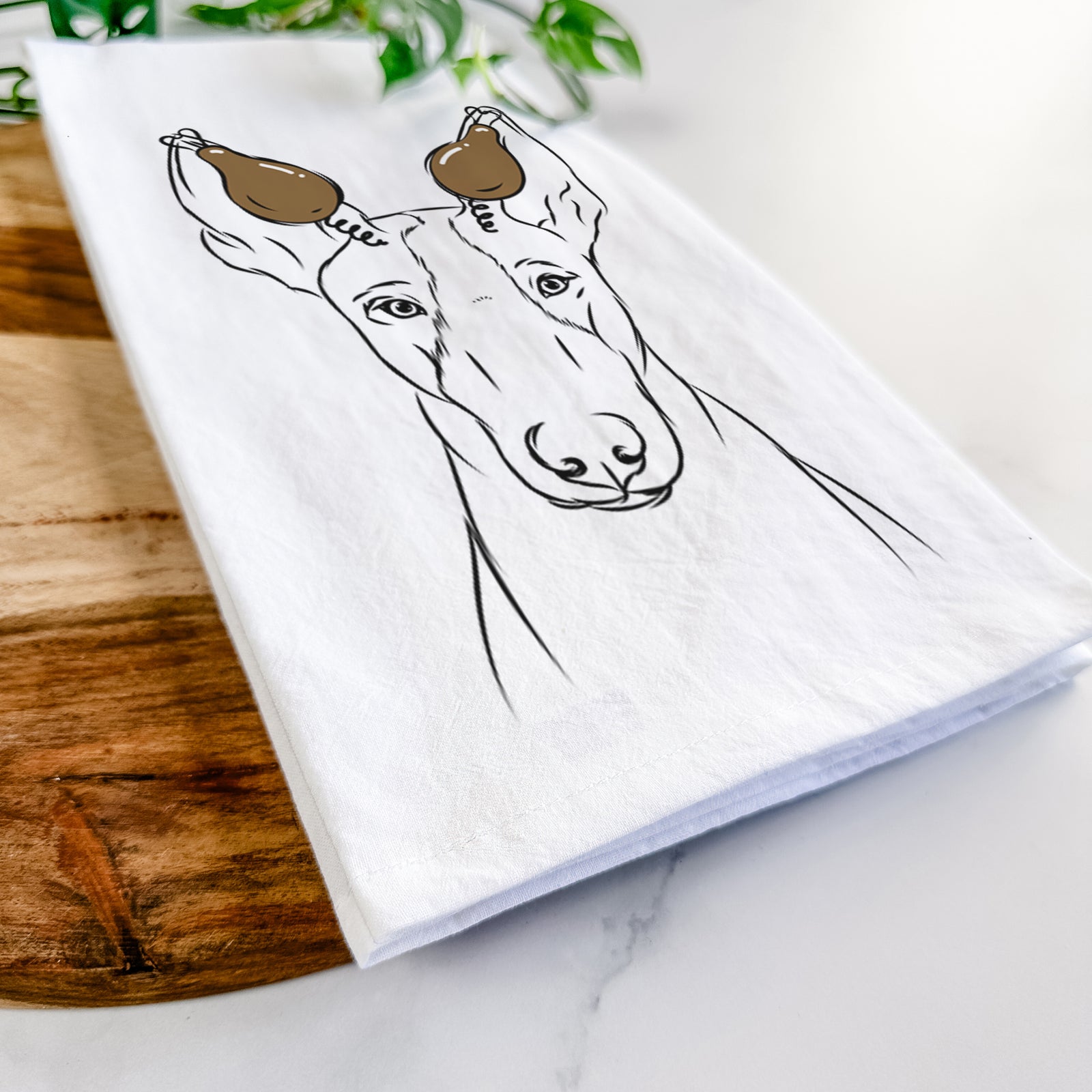 Hand-drawn sketch of Indy the Ibizan Hound with a Thanksgiving turkey headpiece on a tea towel