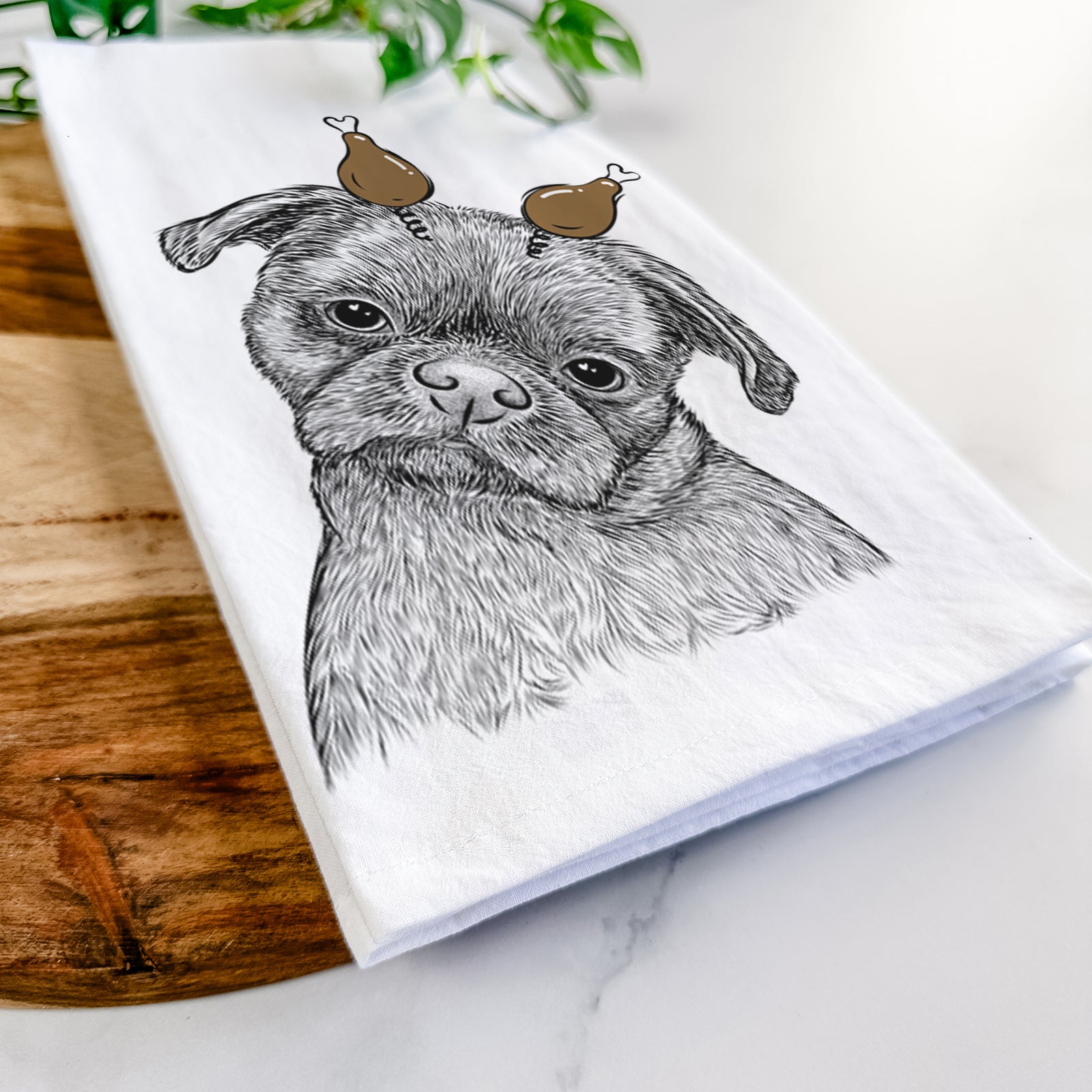Hand-drawn sketch of Koko the Shih Tzu with a Thanksgiving turkey headpiece on a tea towel