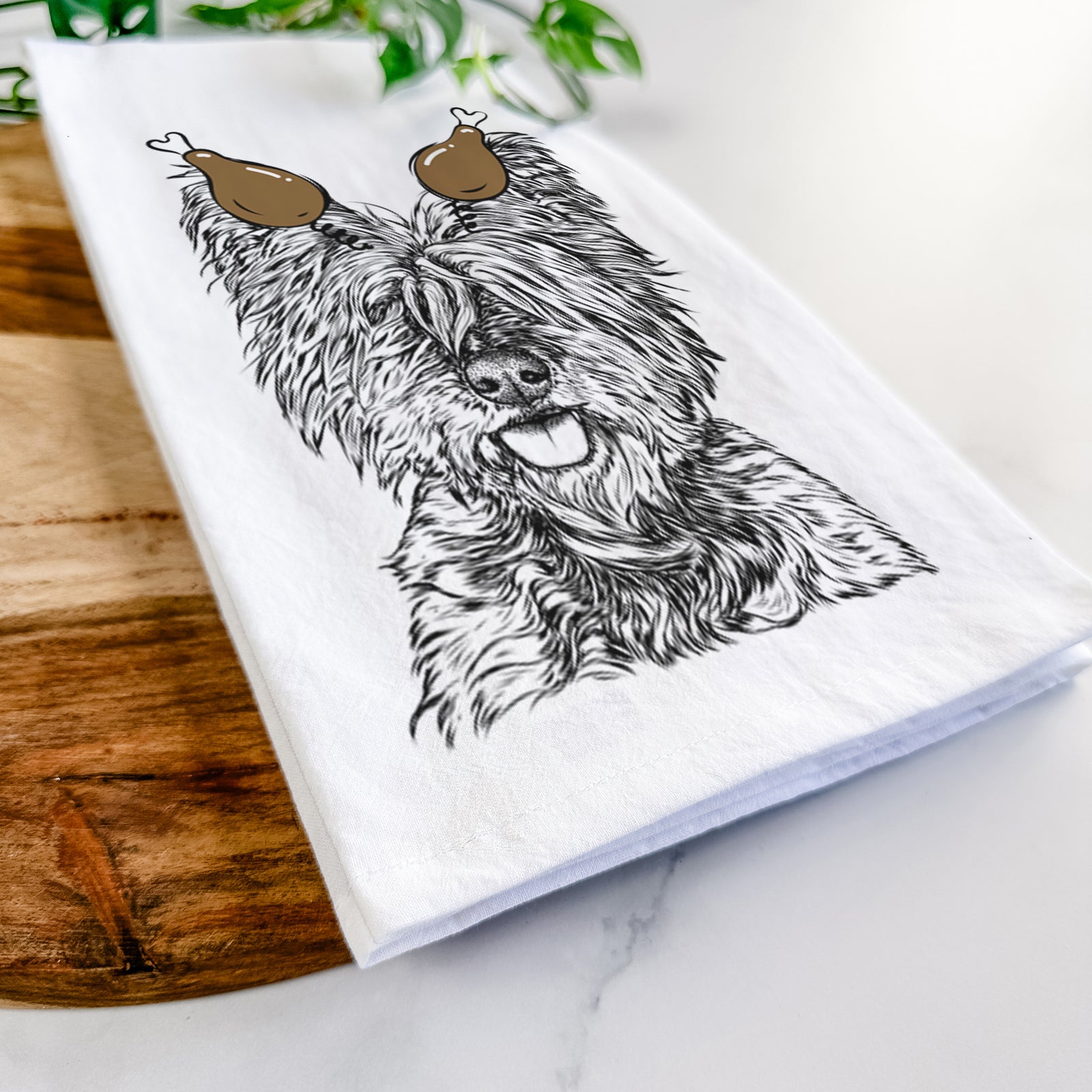 Hand-drawn sketch of McDuff the Cairn Terrier with a Thanksgiving turkey headpiece on a tea towel