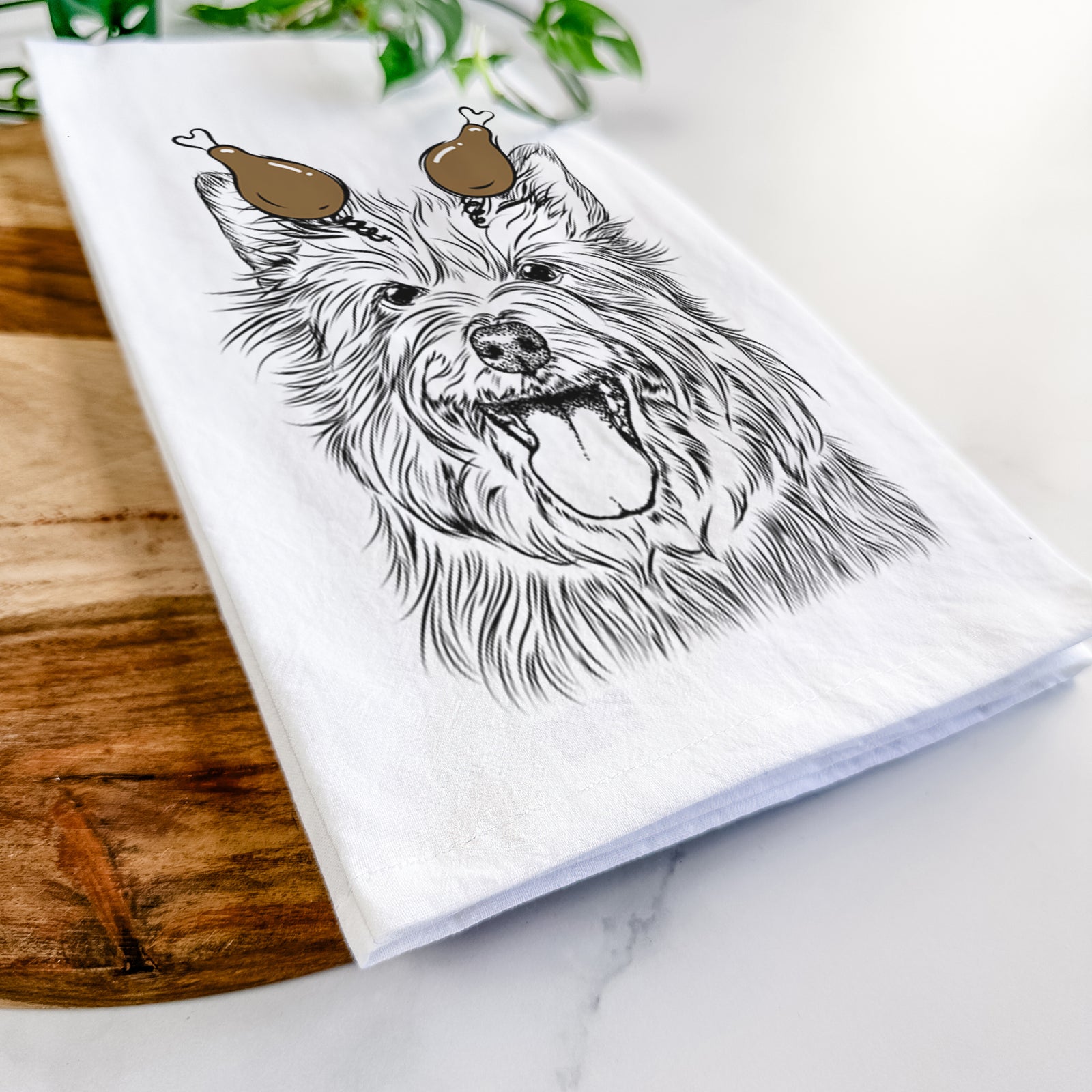 Hand-drawn sketch of Middy the Australian Terrier with a Thanksgiving turkey headpiece on a tea towel