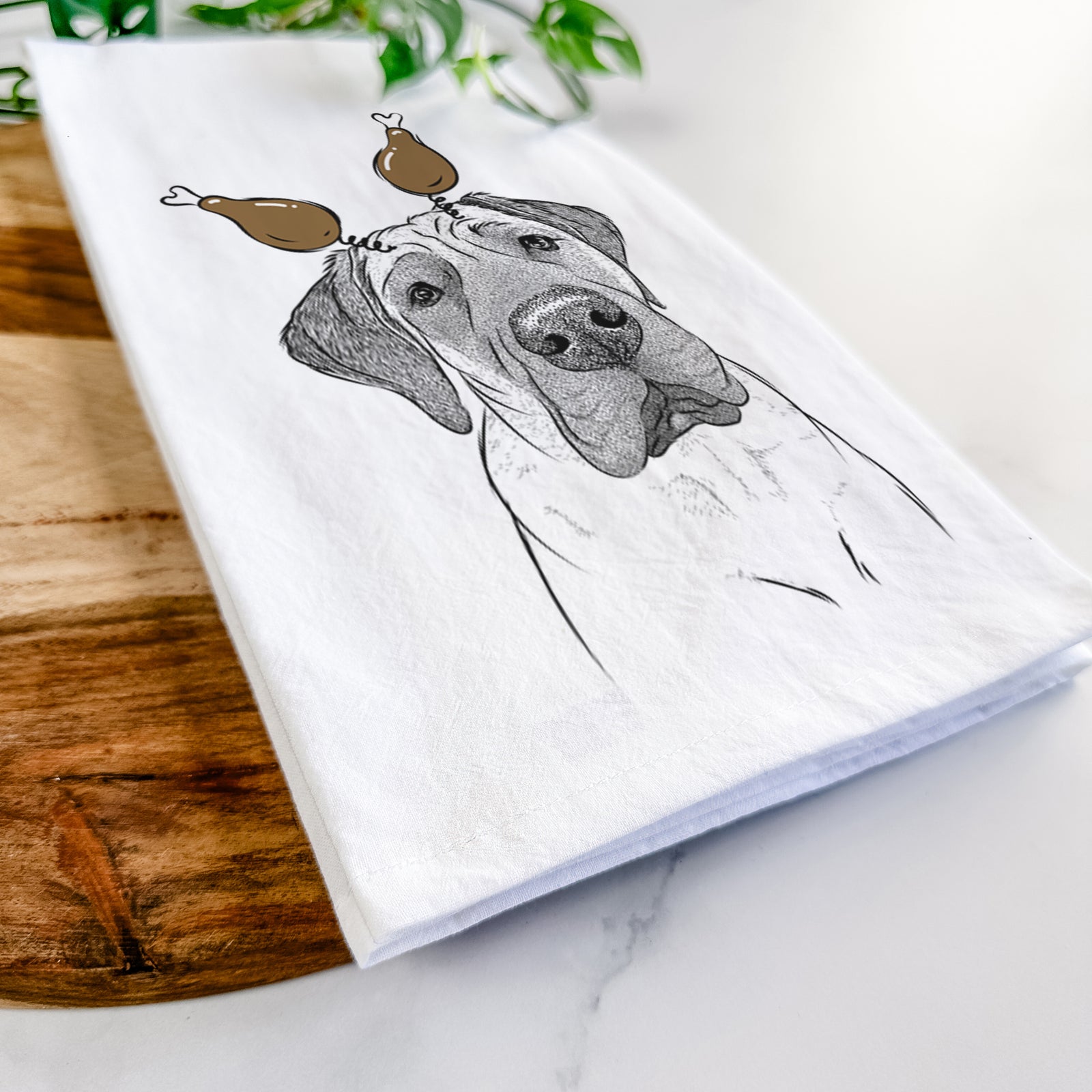 Hand-drawn sketch of Nutterbutter the English Mastiff with a Thanksgiving turkey headpiece on a tea towel