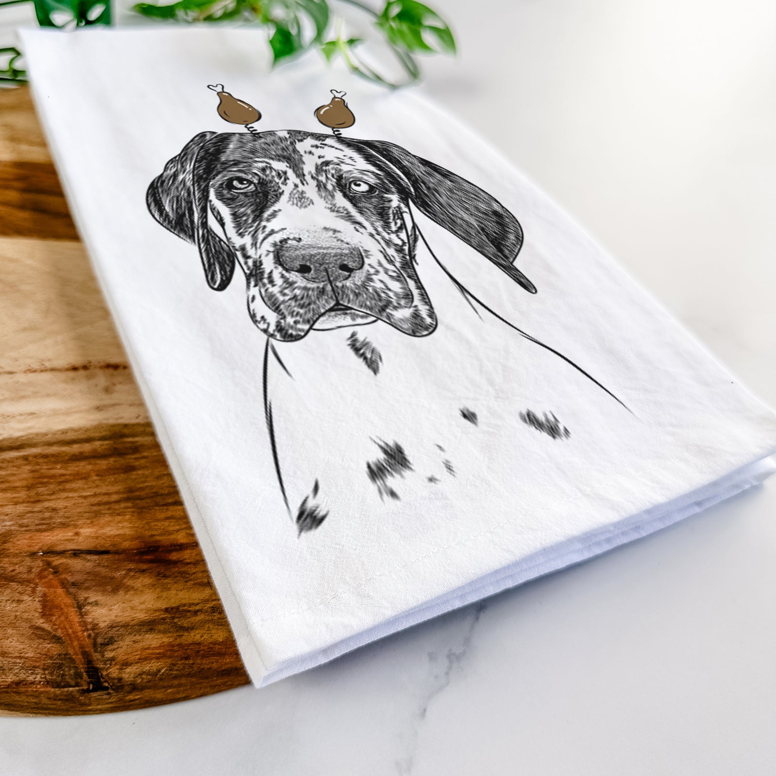 Hand-drawn sketch of Nyx the Great Dane with a Thanksgiving turkey headpiece on a tea towel
