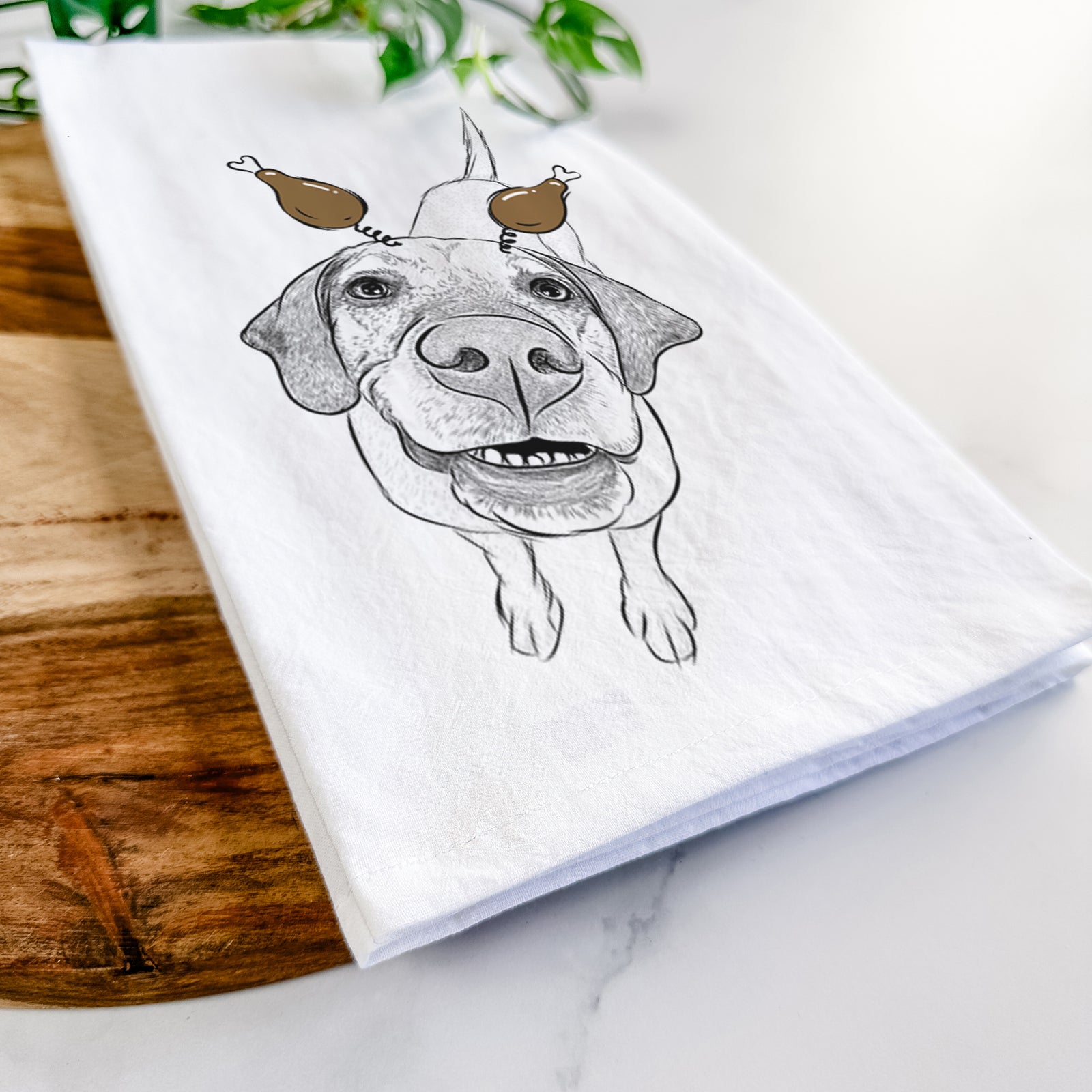Hand-drawn sketch of Oquirrh the Vizsla with a Thanksgiving turkey headpiece on a tea towel